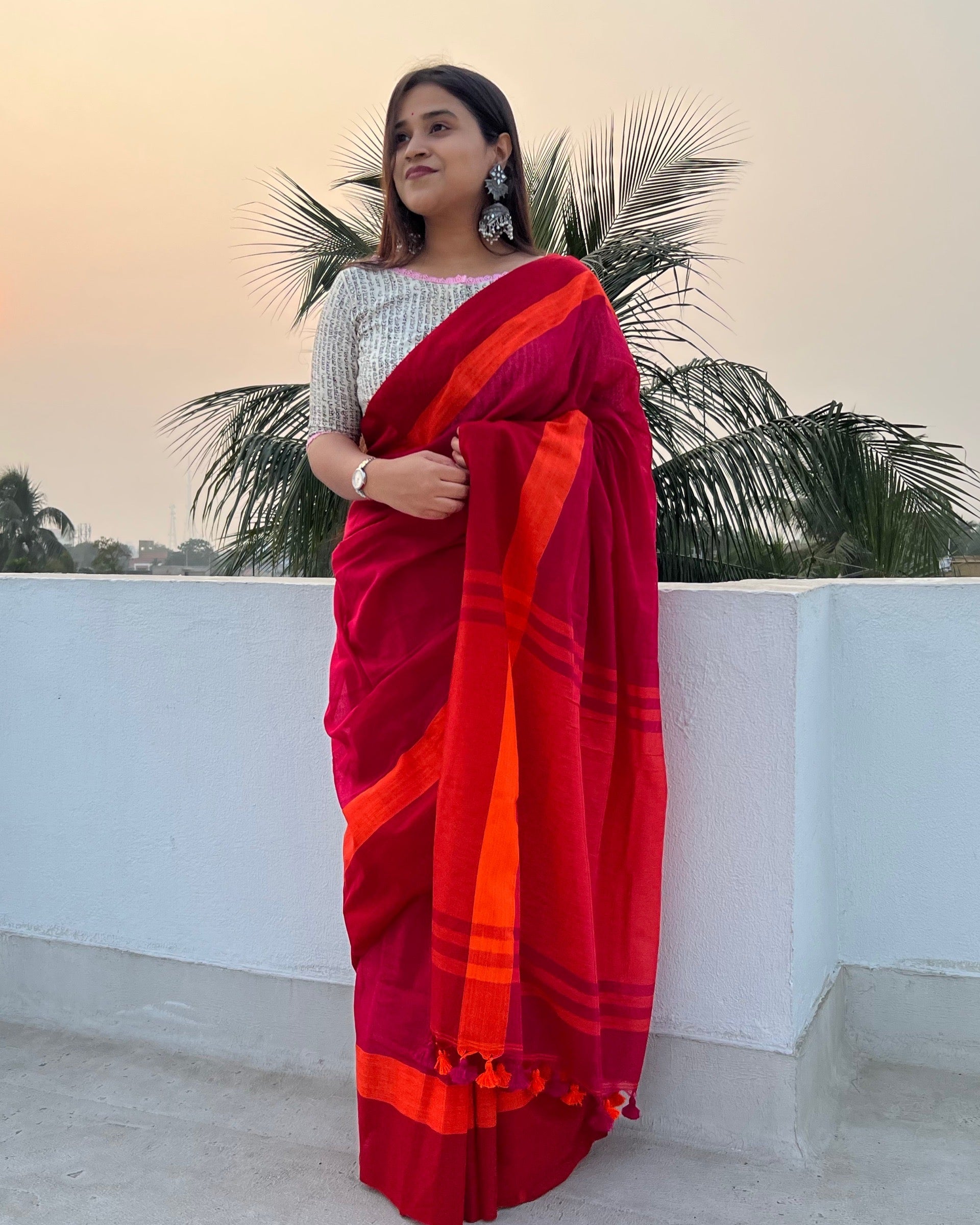 Red - orange soft and comfortable Khadi cotton saree by ShopAaMe