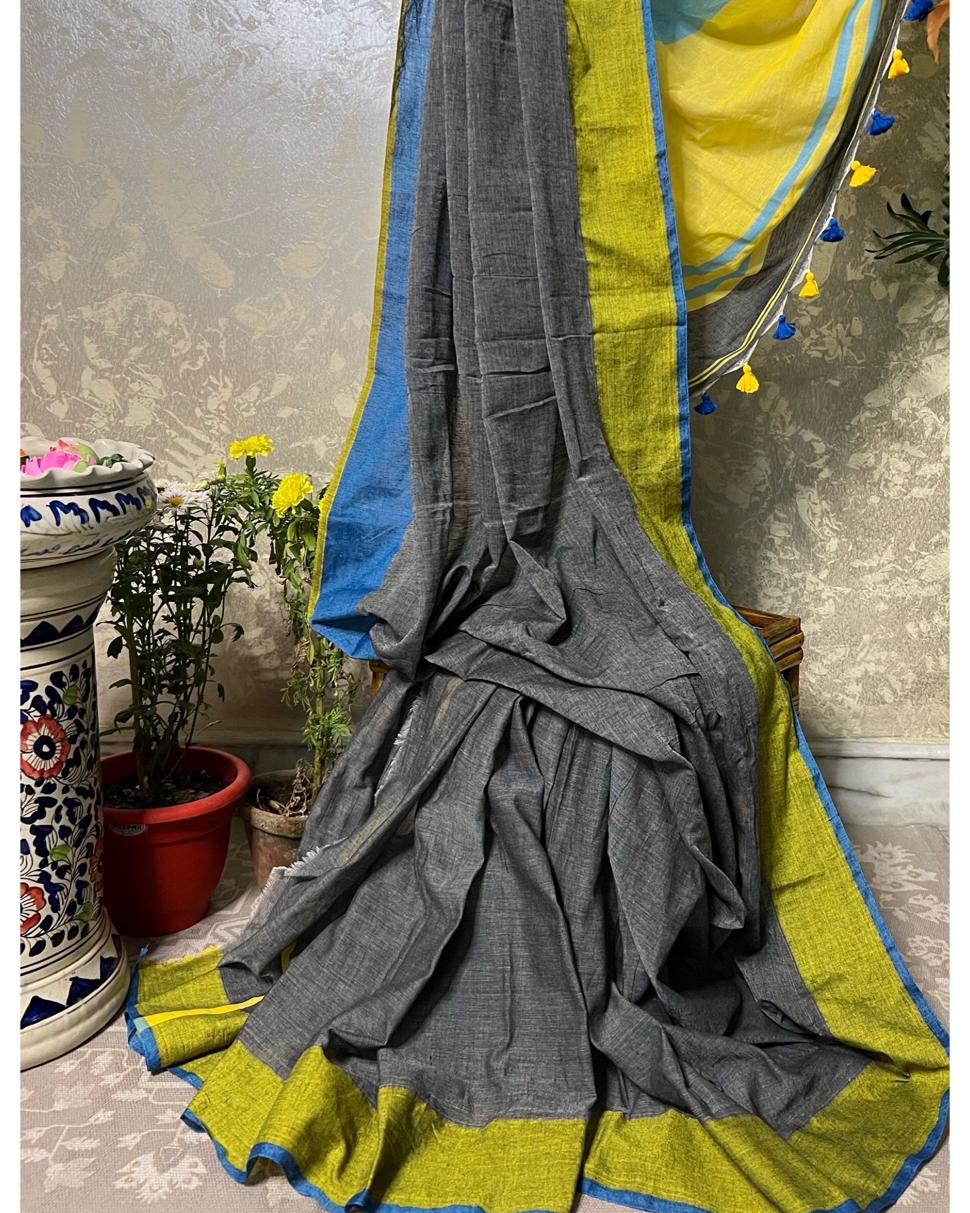 Grey-green -blue soft and comfortable Khadi cotton saree