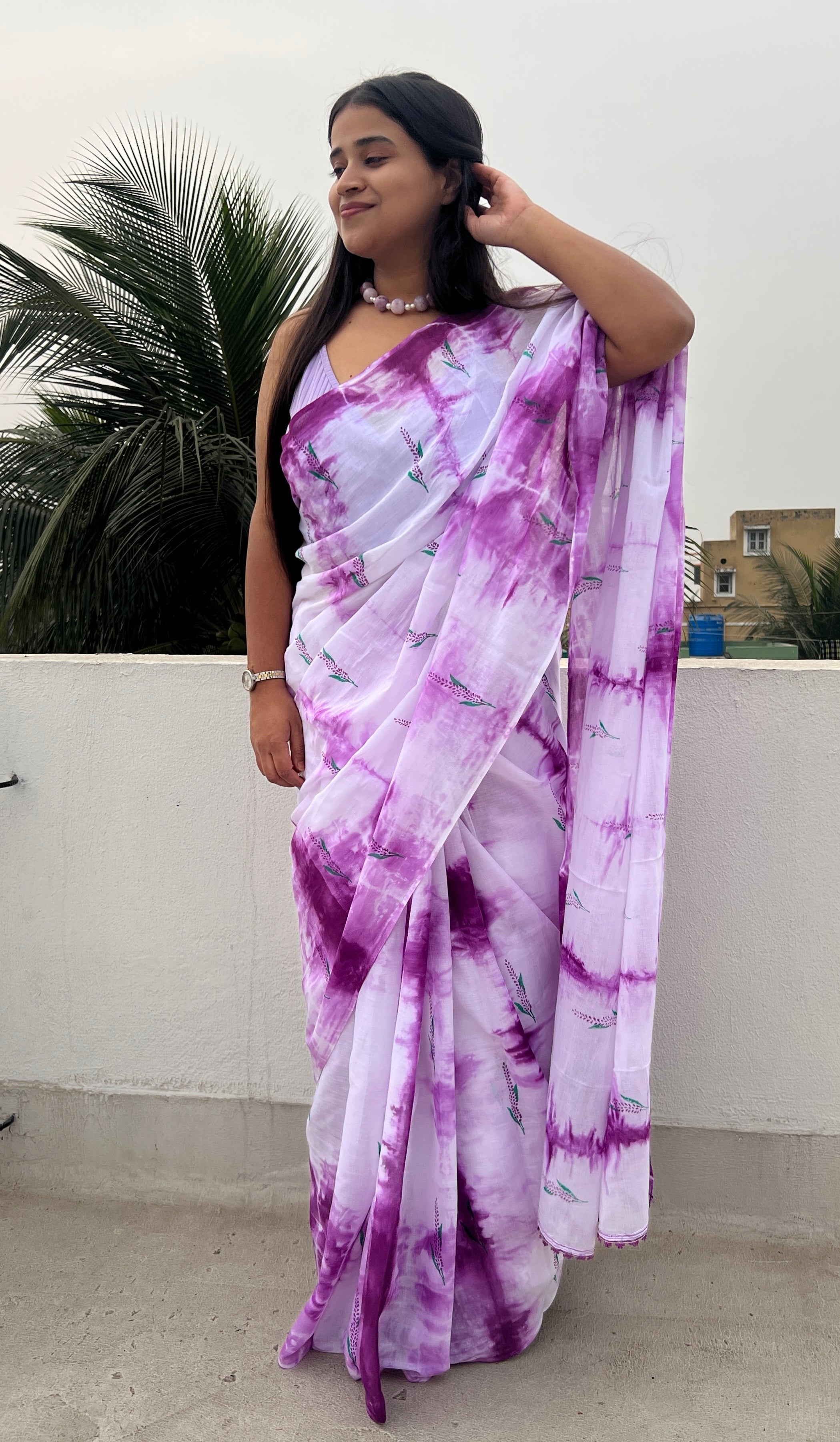 Lavender Mauve Tie and Dye Mulmul cotton Shopaame Saree - Summer Lavender