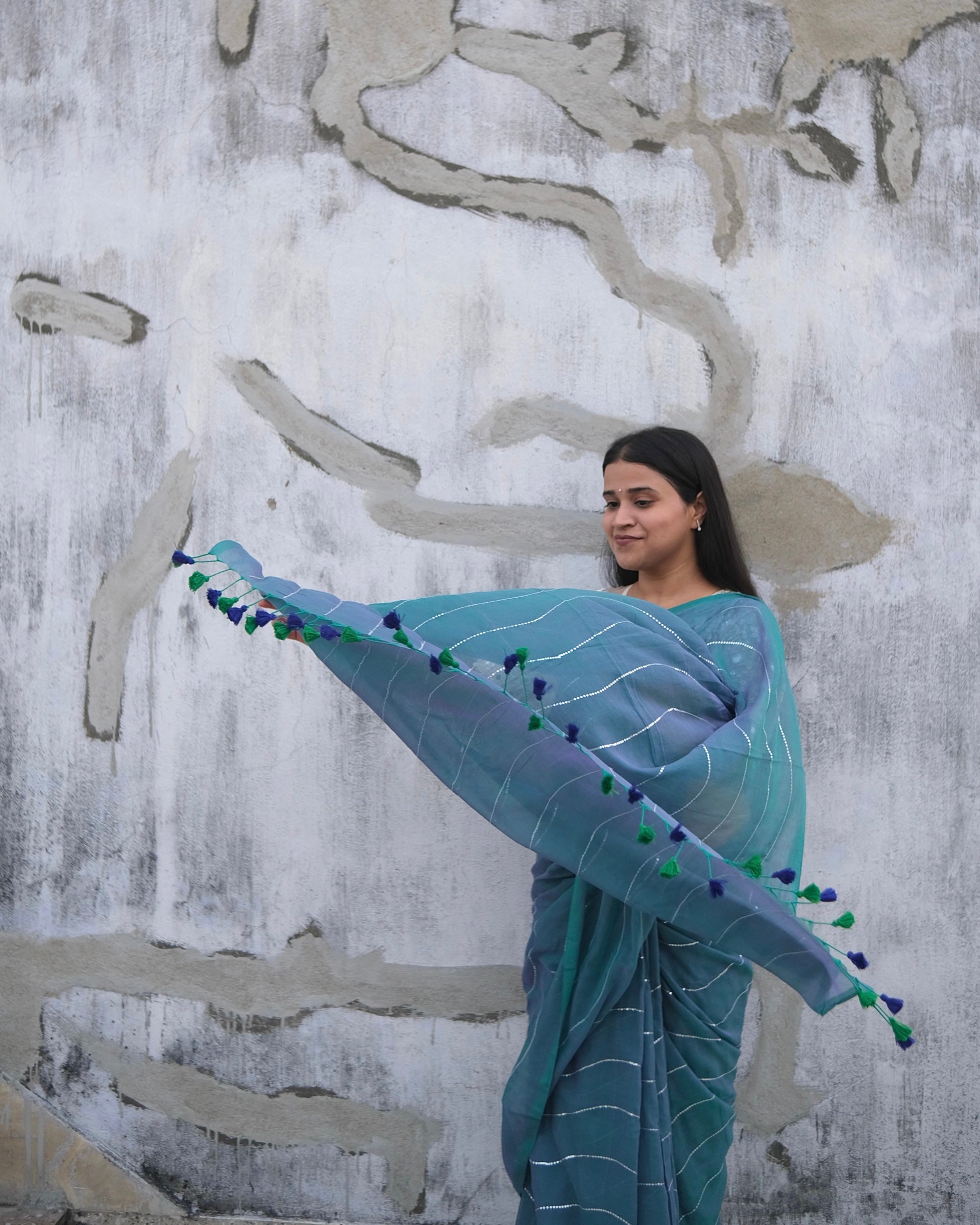 Shop AaMe Blue Tokai saree in soft blue mulmul cotton for women