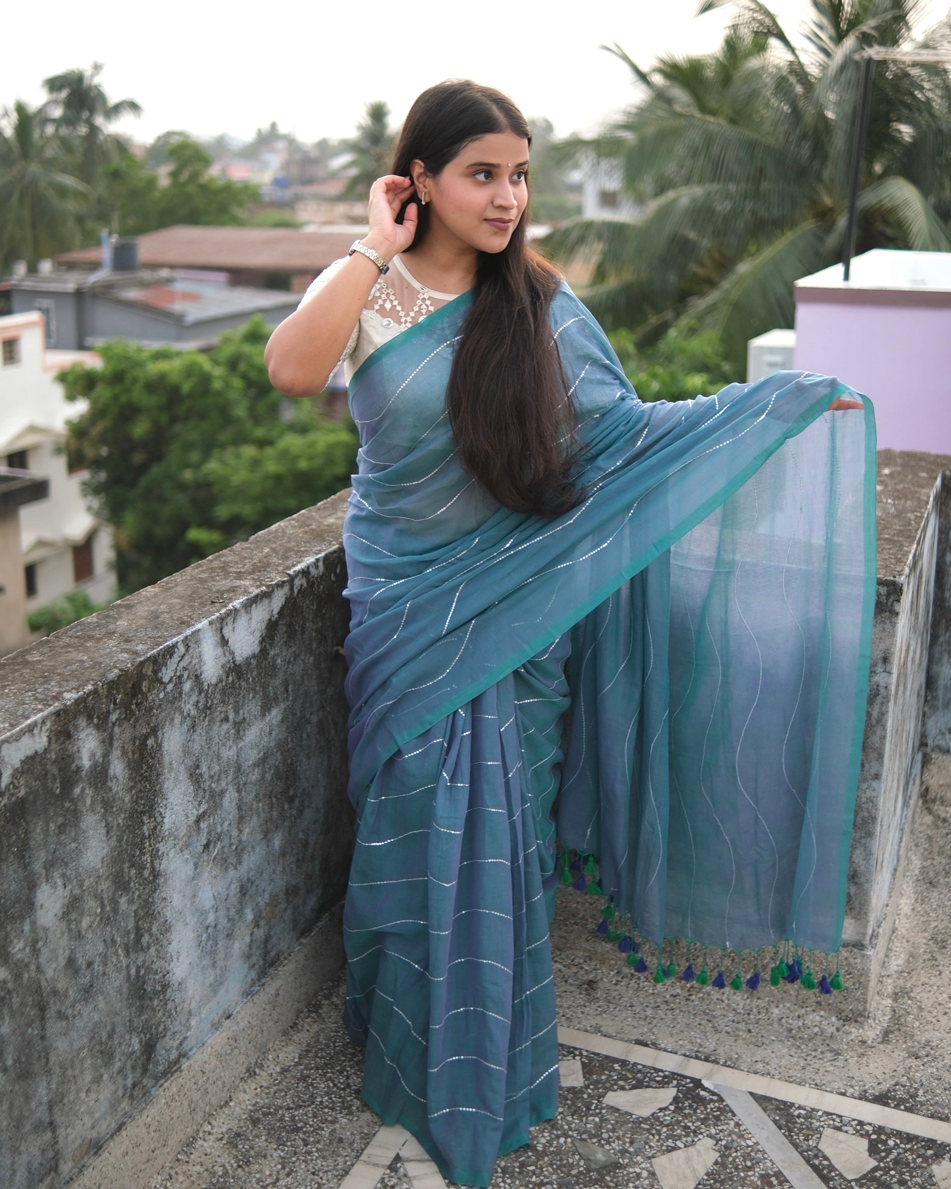Designer blue mulmul cotton Shopaame saree for modern ethnic wardrobes and everyday wear