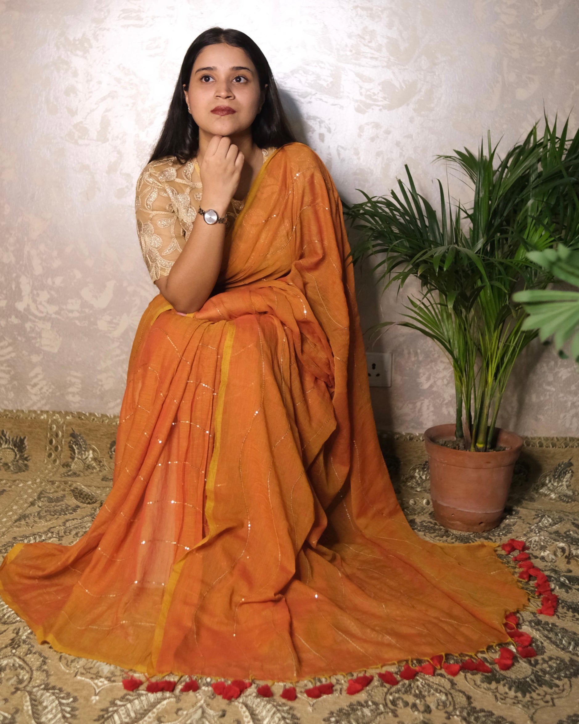 Handcrafted mustard mulmul cotton saree with graceful everyday styling