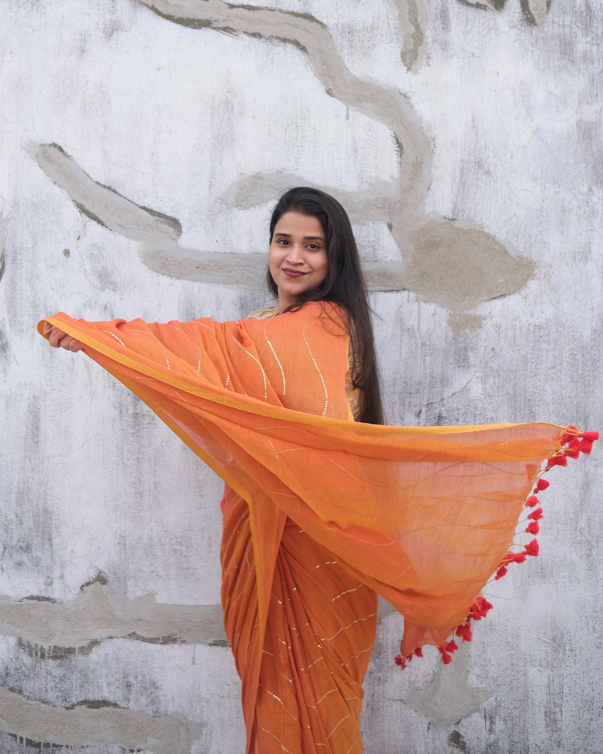 Mustard Handcrafted Mulmul Cotton Saree by Shop AaMe