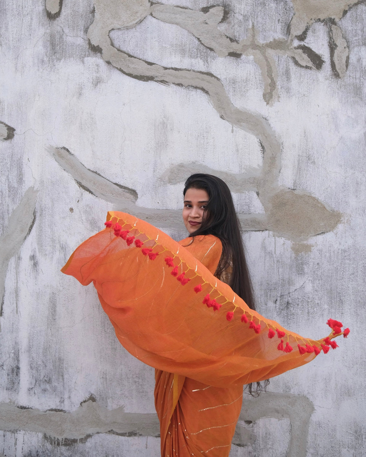 Shop AaMe mustard saree in soft mulmul cotton for festive wear