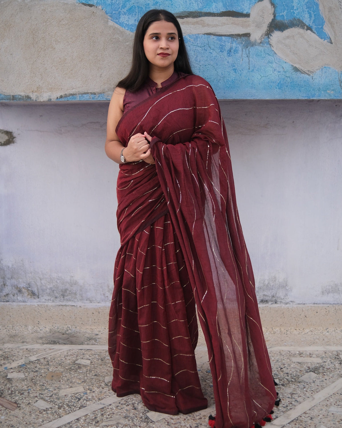 Designer maroon mulmul cotton saree by Shopaame for occasion for modern ethnic wardrobes