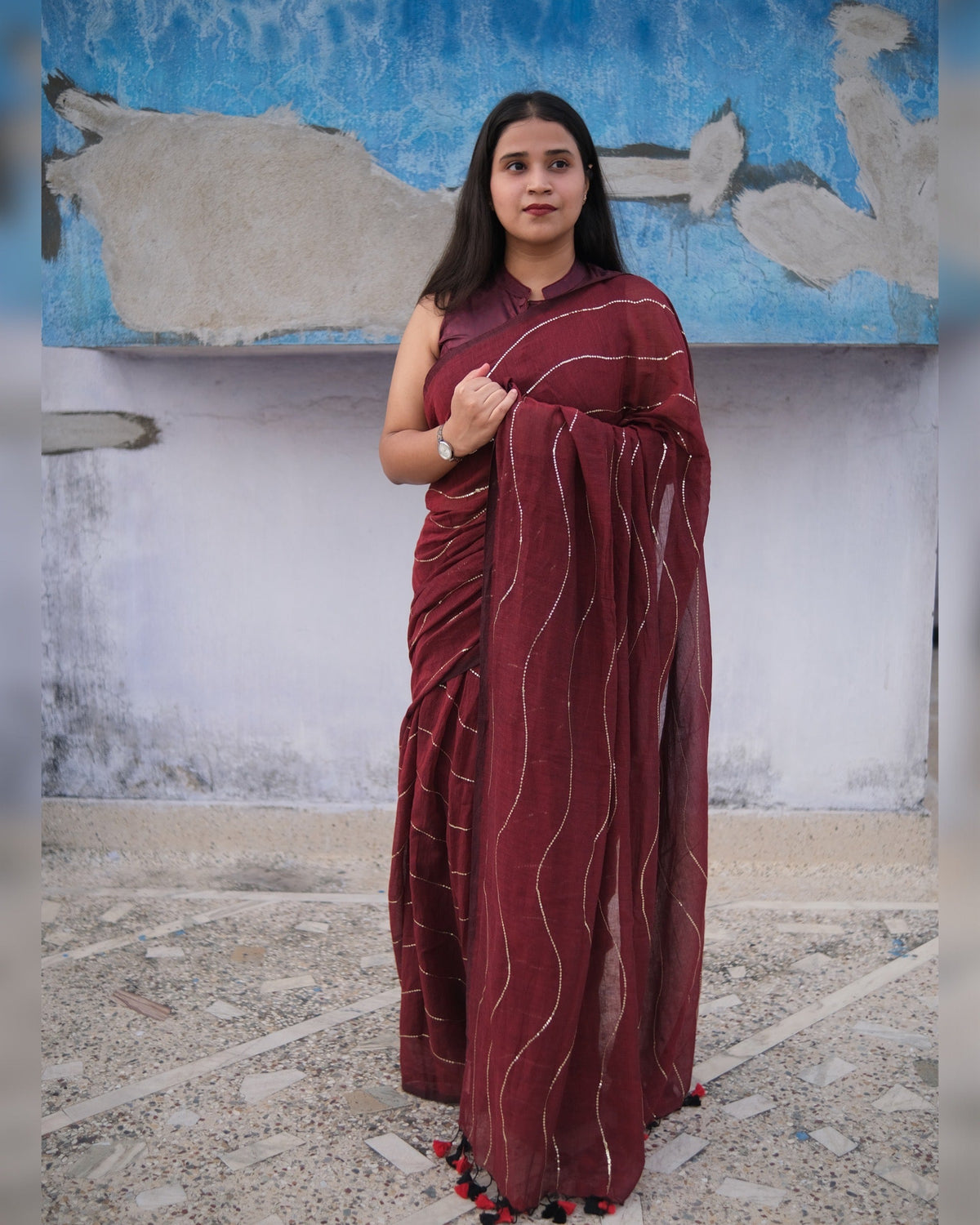 Iris Maroon Handcrafted Mulmul Cotton Saree by Shop AaMe