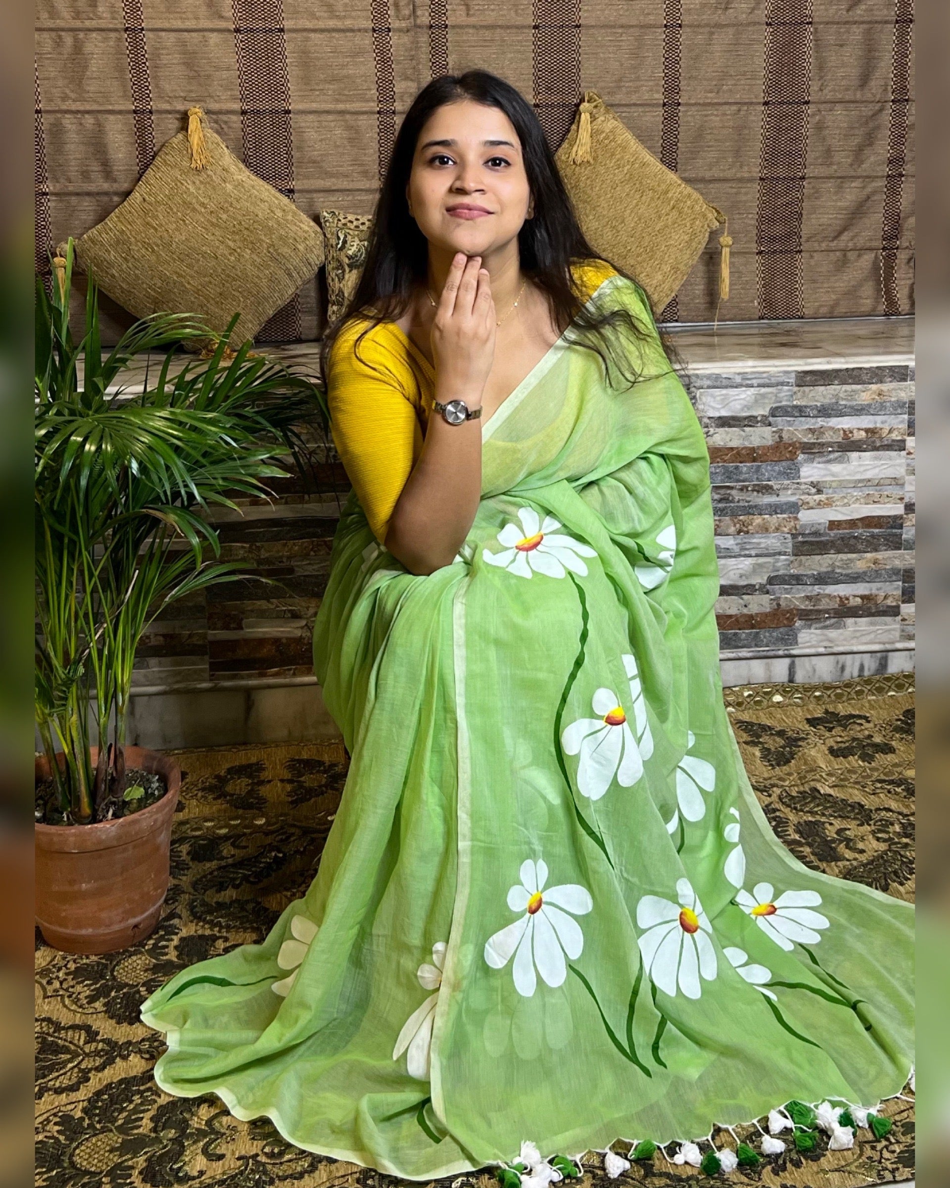 Soft and comfortable light weight light green mulmul cotton saree with floral hand painting good for day time wear