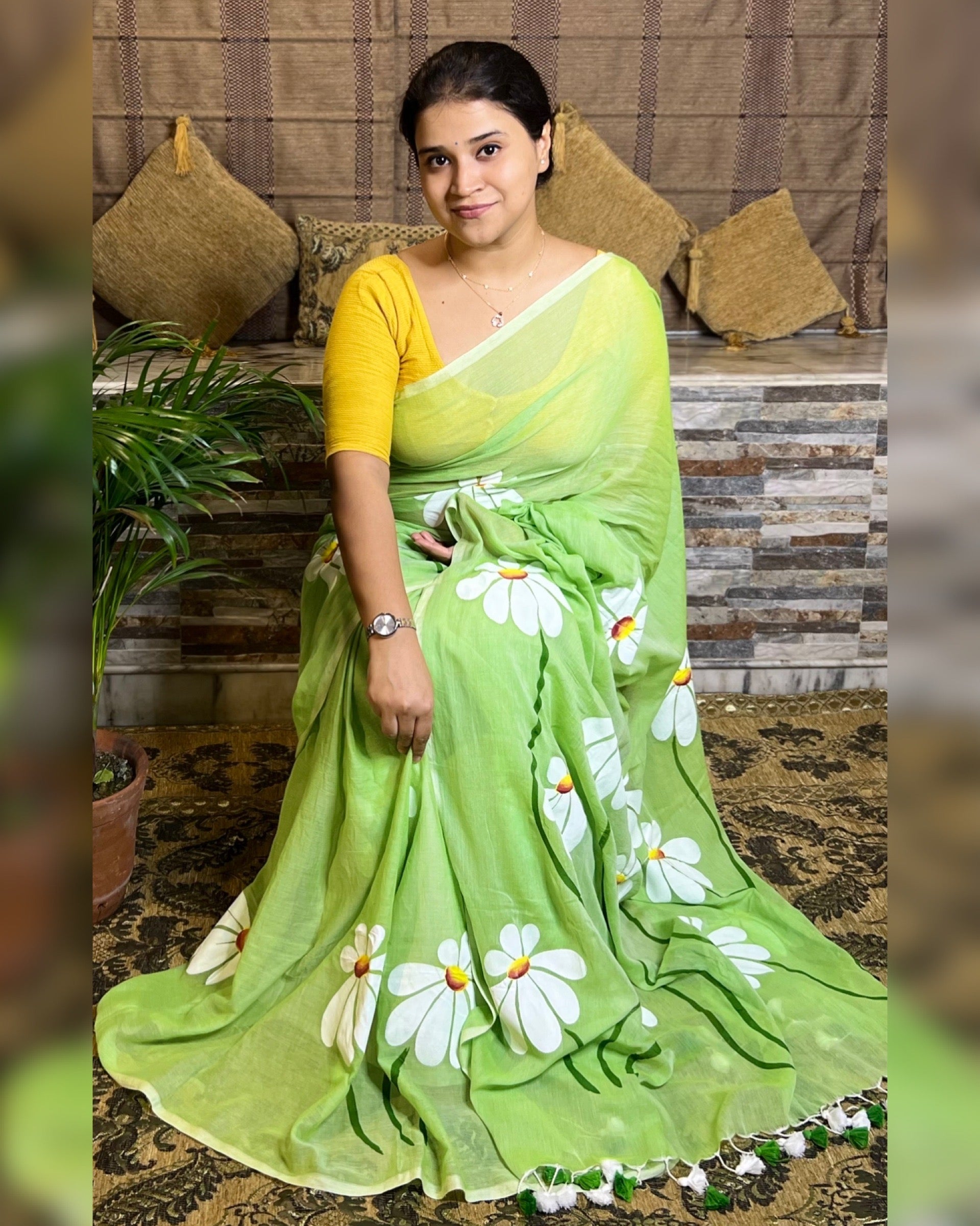 Soft and comfortable light weight light green mulmul cotton saree with floral hand painting good for day time wear