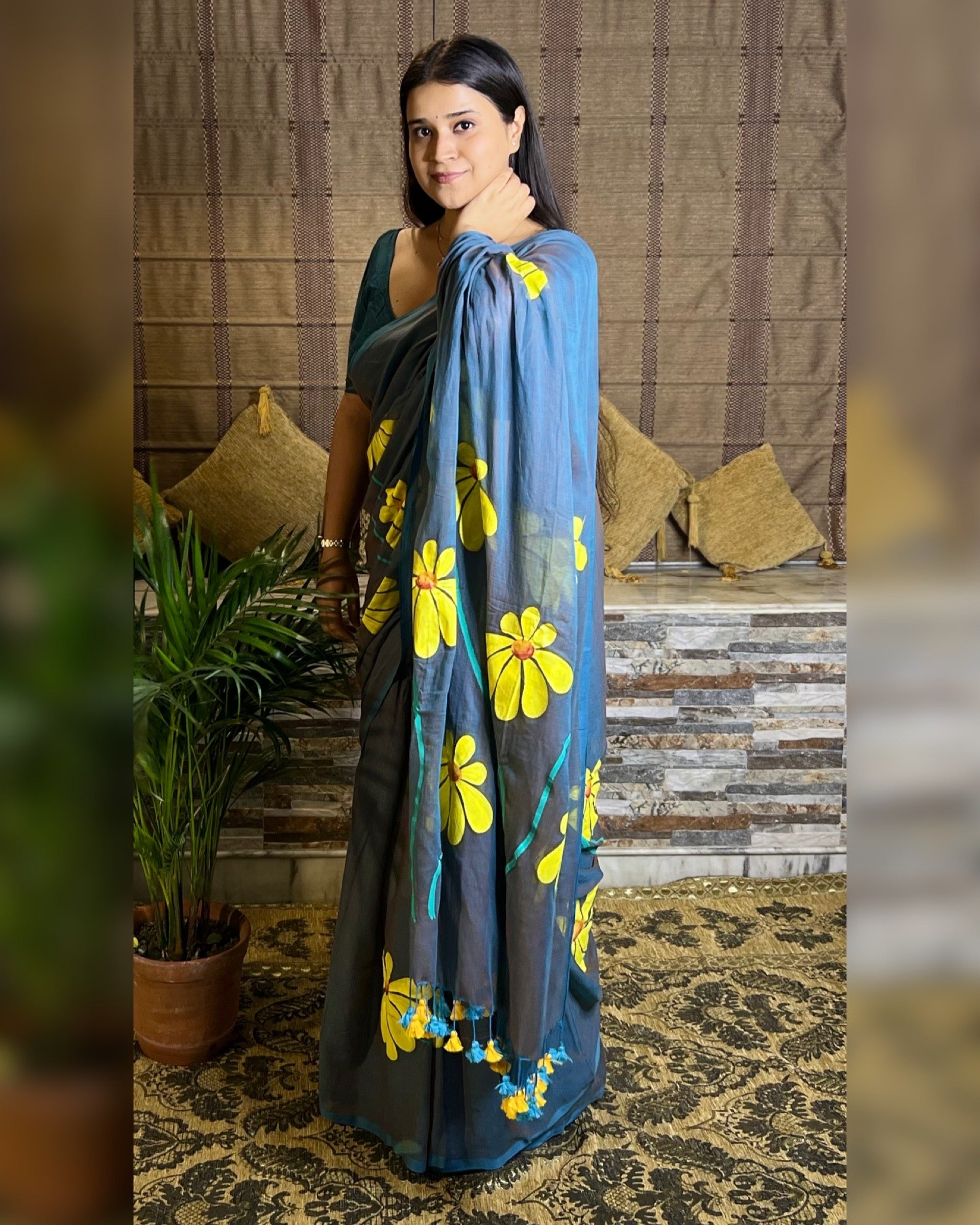 Soft and comfortable light weight dual tone blue mulmul cotton saree with floral hand painting good for day time wear