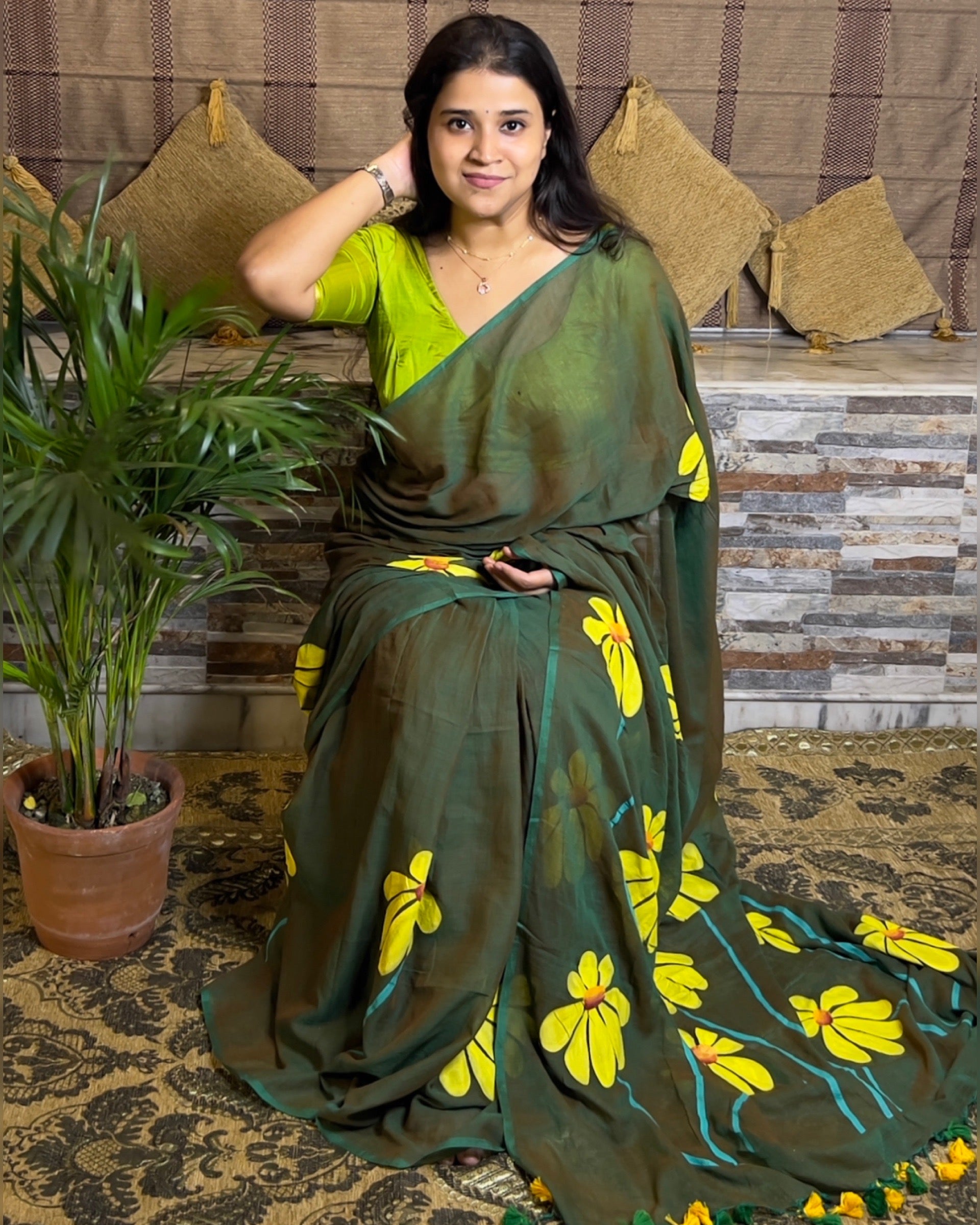 Soft and comfortable light weight dual tone emerald green mulmul cotton saree with floral hand painting good for day time wear