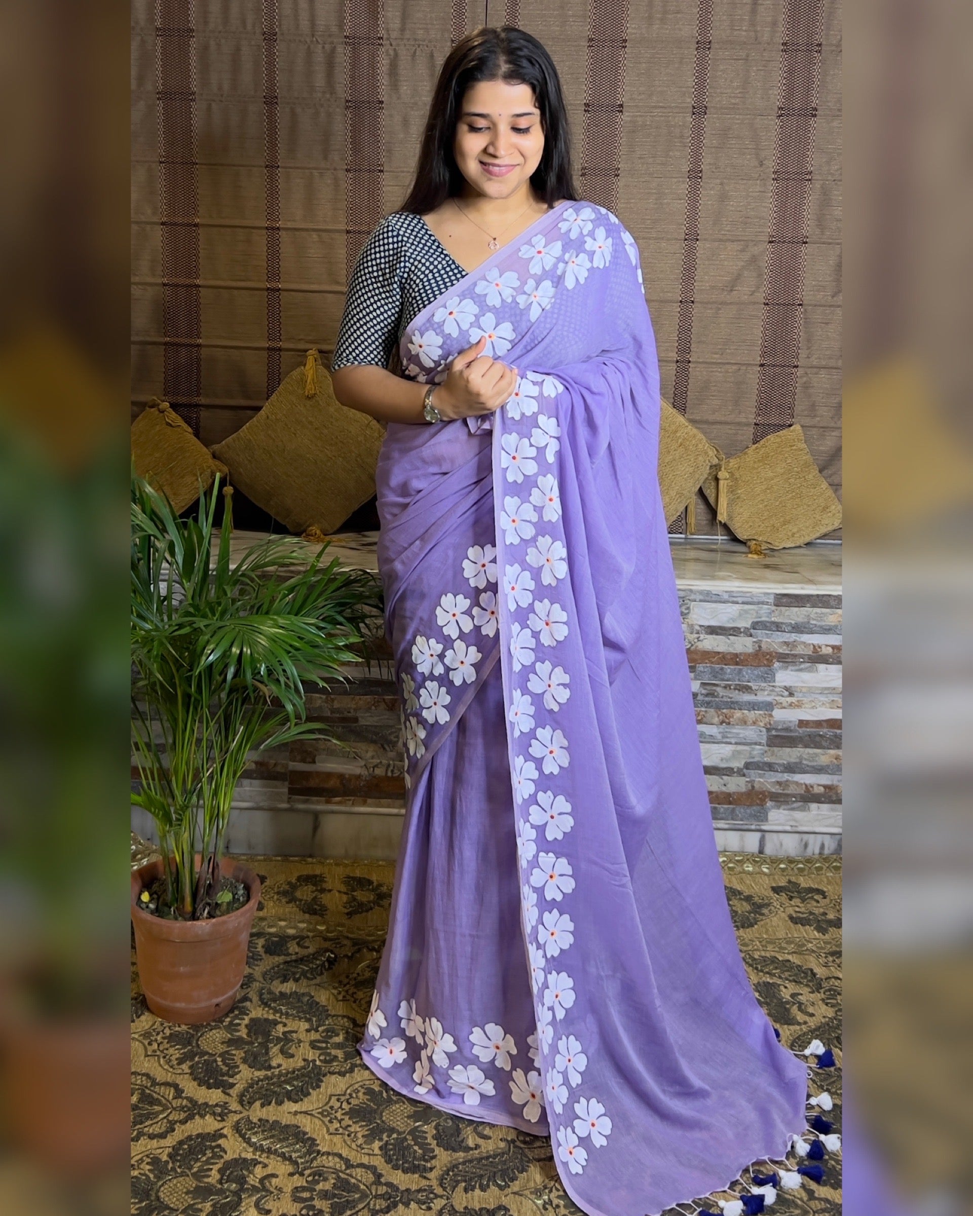 Soft and comfortable light weight lavender mulmul cotton saree with floral hand painting good for day time wear