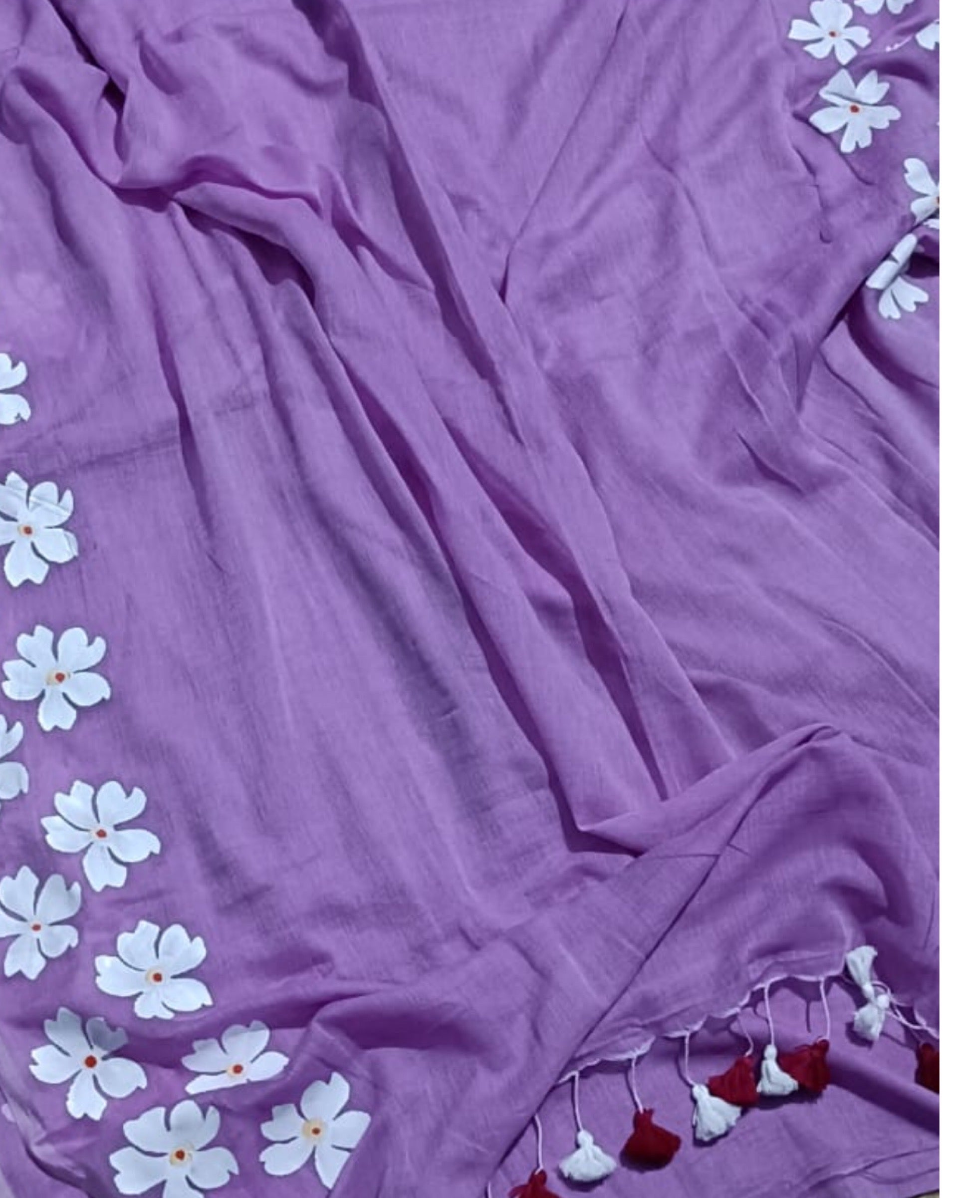 Soft and comfortable light weight lavender mulmul cotton saree with floral hand painting good for day time wear