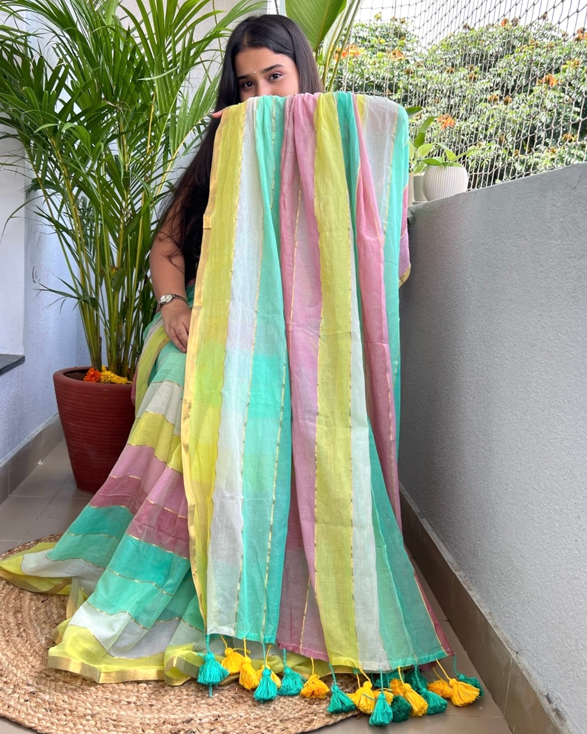 Multicolor mulmul festive silver border soft cotton saree