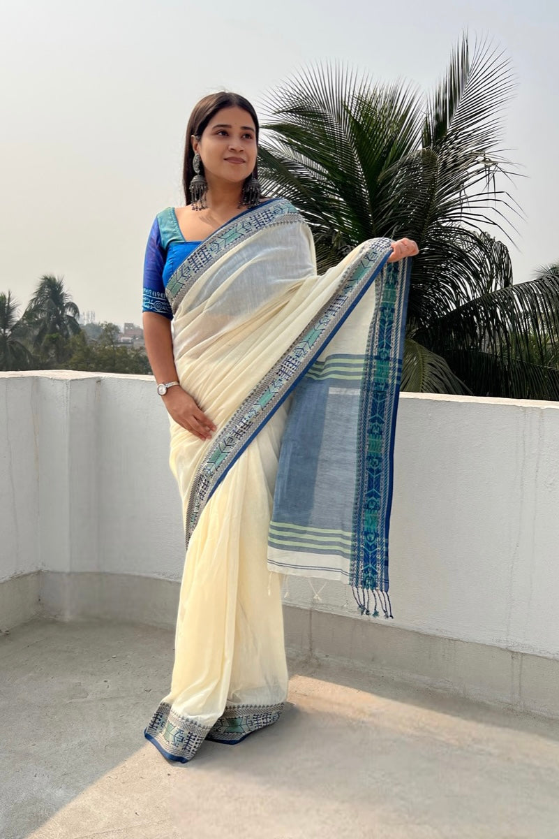 Off White - blue green border soft and comfortable Khadi cotton saree