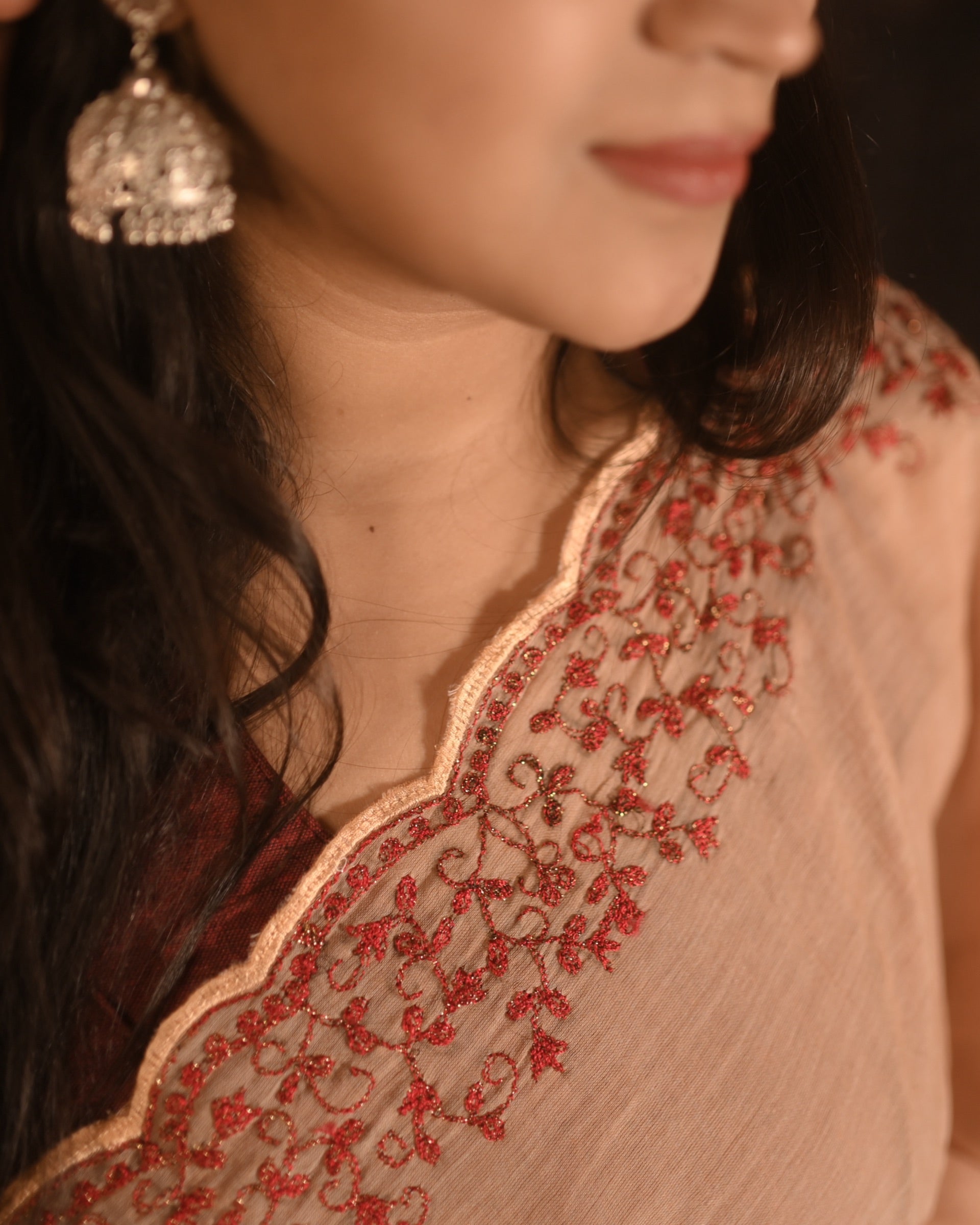 Chandrika brown taupe zari embroidered mulmul cotton saree, a soft breathable saree perfect for festive and summer wear.