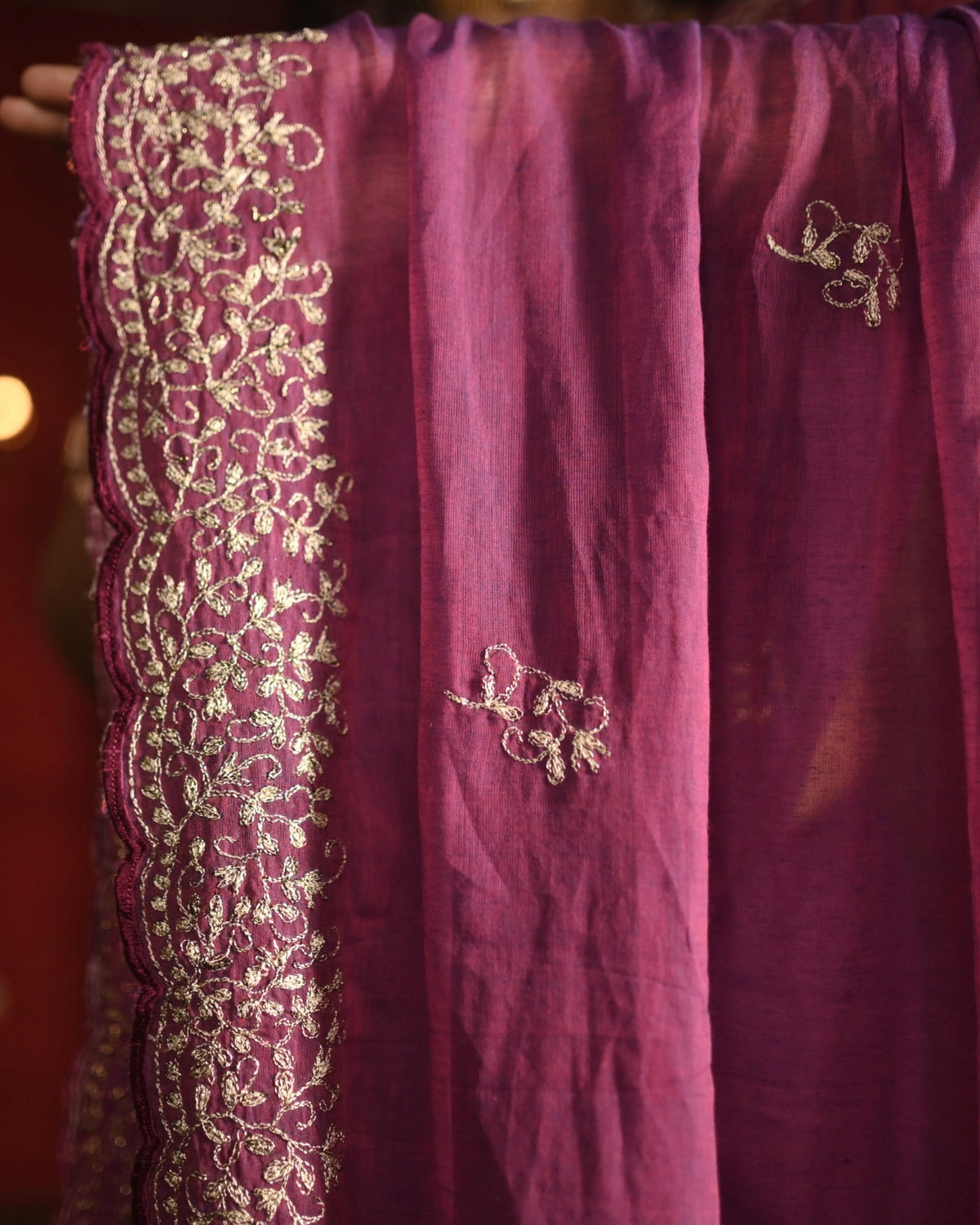 Manjari Zari Embroidered Plum Pink Mulmul Cotton Saree by Shopaame perfect for festive occasions