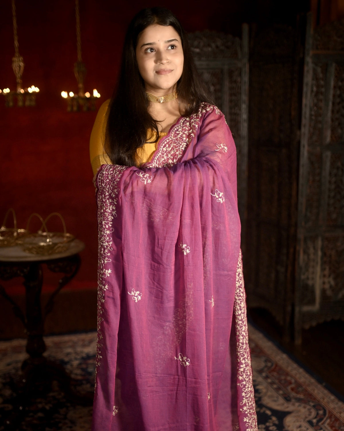 Manjari Zari Embroidered Pum Pink Mulmul Cotton Shopaame Saree with elegant dual tone design