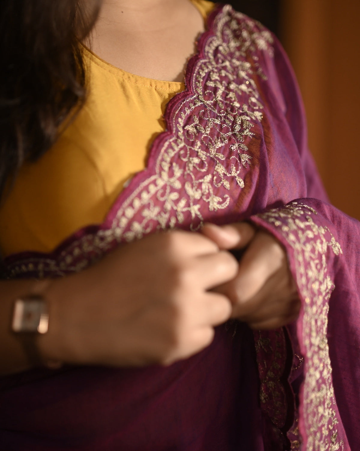 Soft and comfortable plum pink mulmul cotton zari embroidered saree by Shopaame