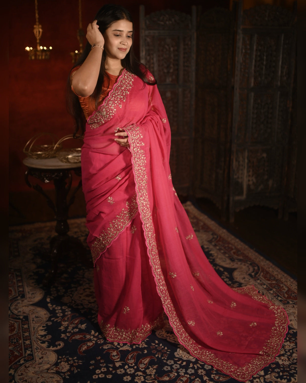 Amrapali fuchsia pink zari embroidered mulmul cotton saree, a lightweight breathable saree for festive and summer wear.