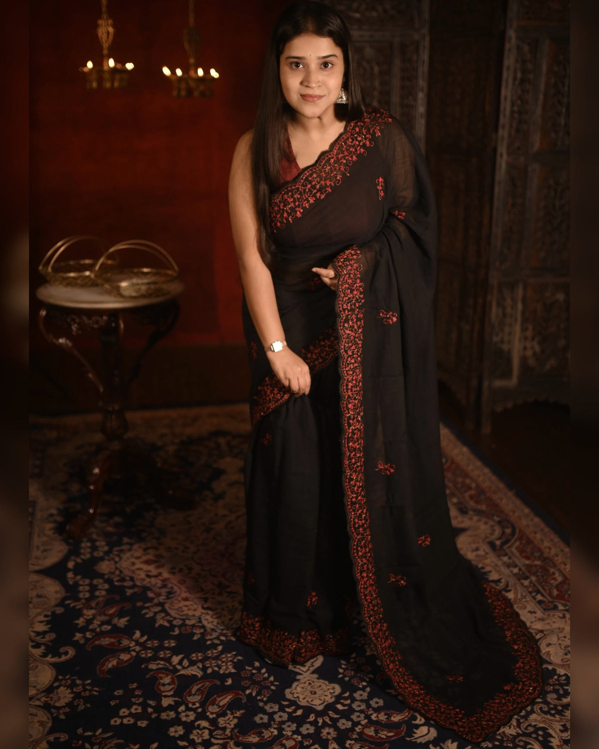 Rasika black zari embroidered mulmul cotton saree, a lightweight breathable saree perfect for festive and summer wear.
