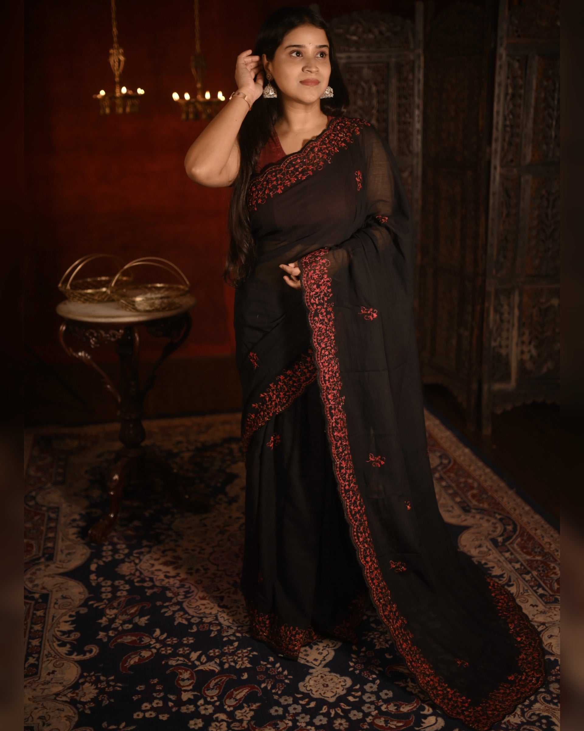 Black mulmul cotton saree with zari embroidery by Shopaame, a soft breathable festive saree designed for effortless summer styling.