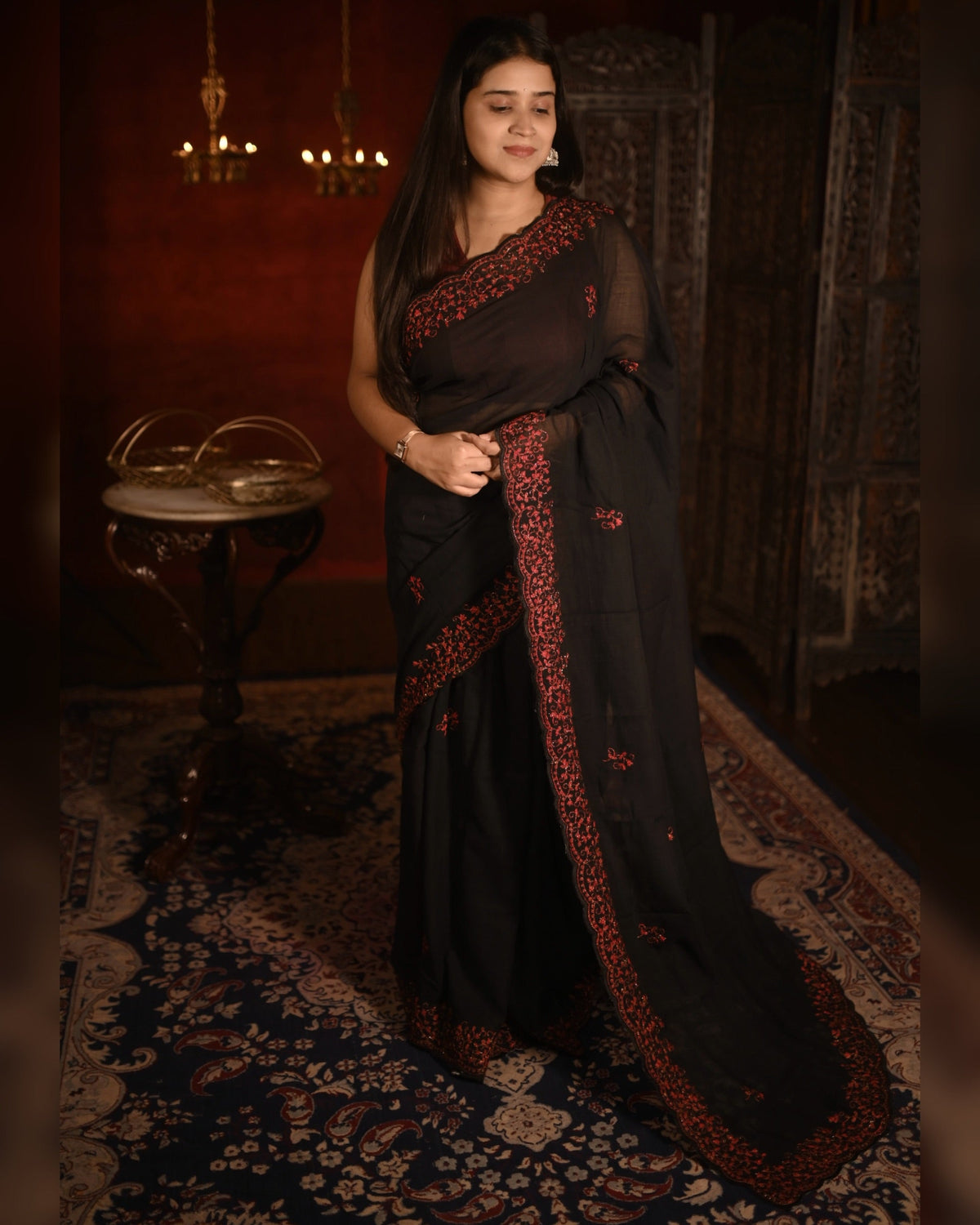 Black mulmul cotton Shopaame saree with zari embroidery, a soft breathable festive saree designed for effortless summer styling.