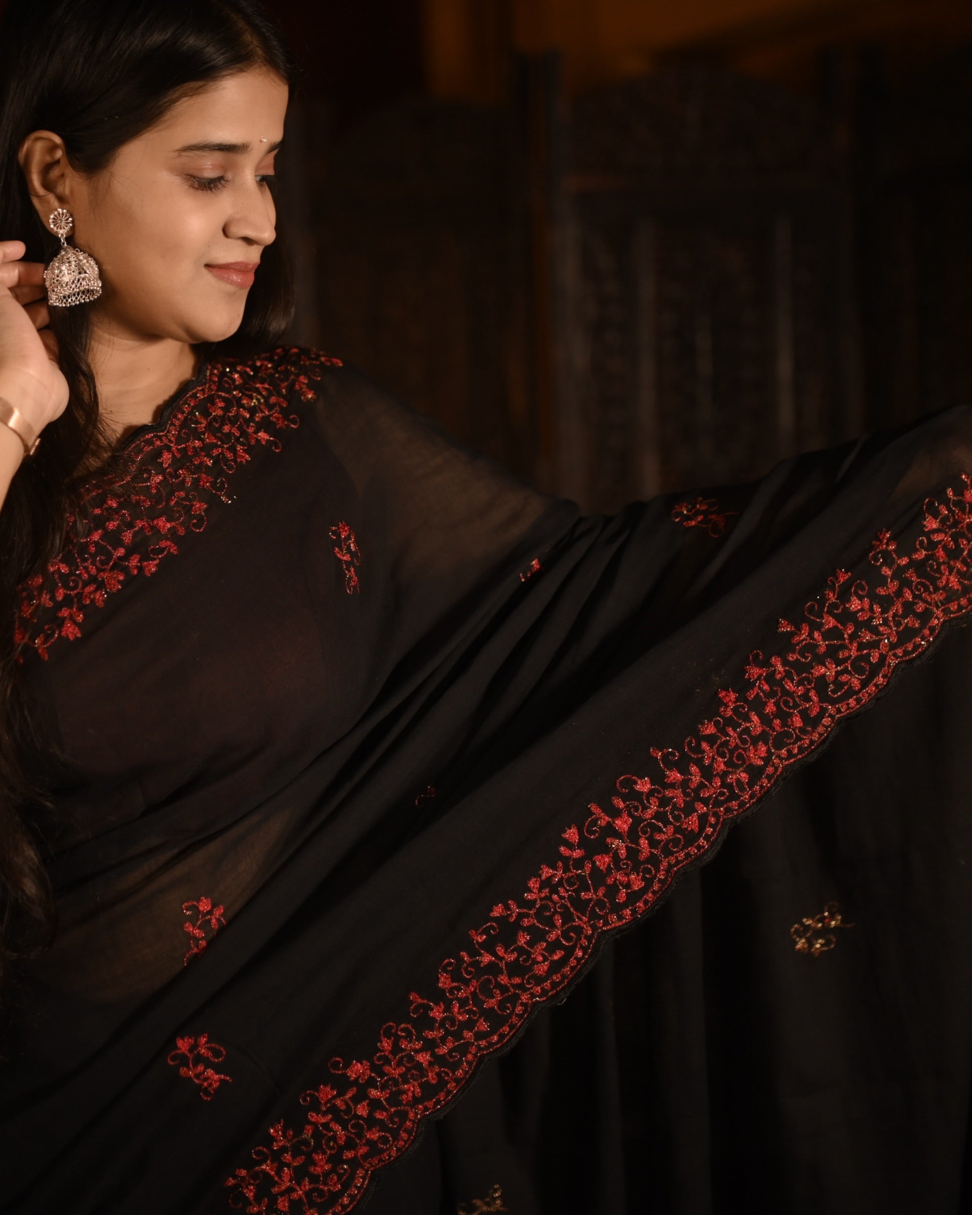 Soft and Comfortable Black zari embroidered mulmul cotton saree by Shopaame
