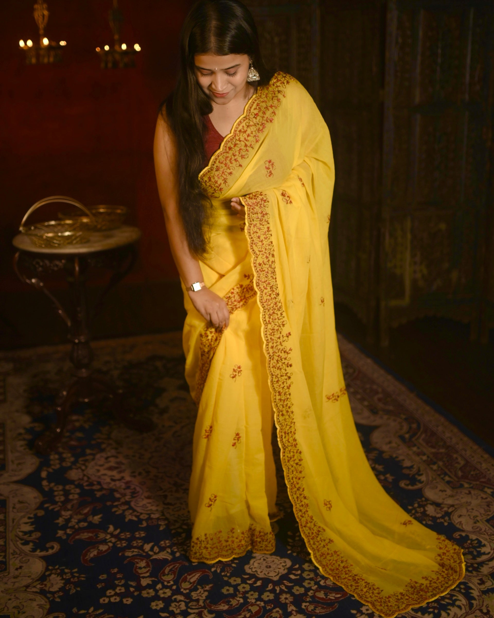 Harini Yellow Zari Embroidered Mulmul Cotton Saree by Shopaame draped with lightweight flow