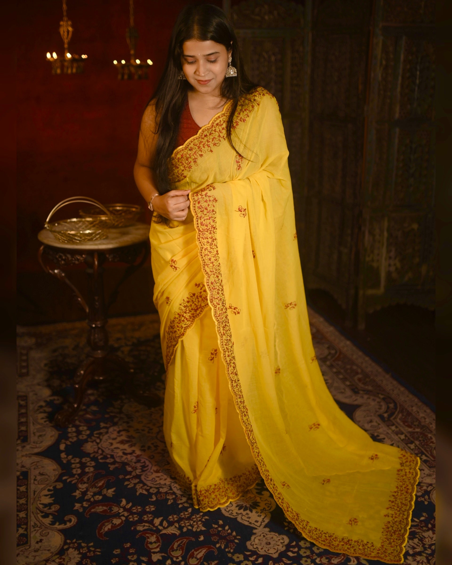 Harini Yellow Zari Embroidered Mulmul Cotton Saree by Shopaame with elegant zari detailing