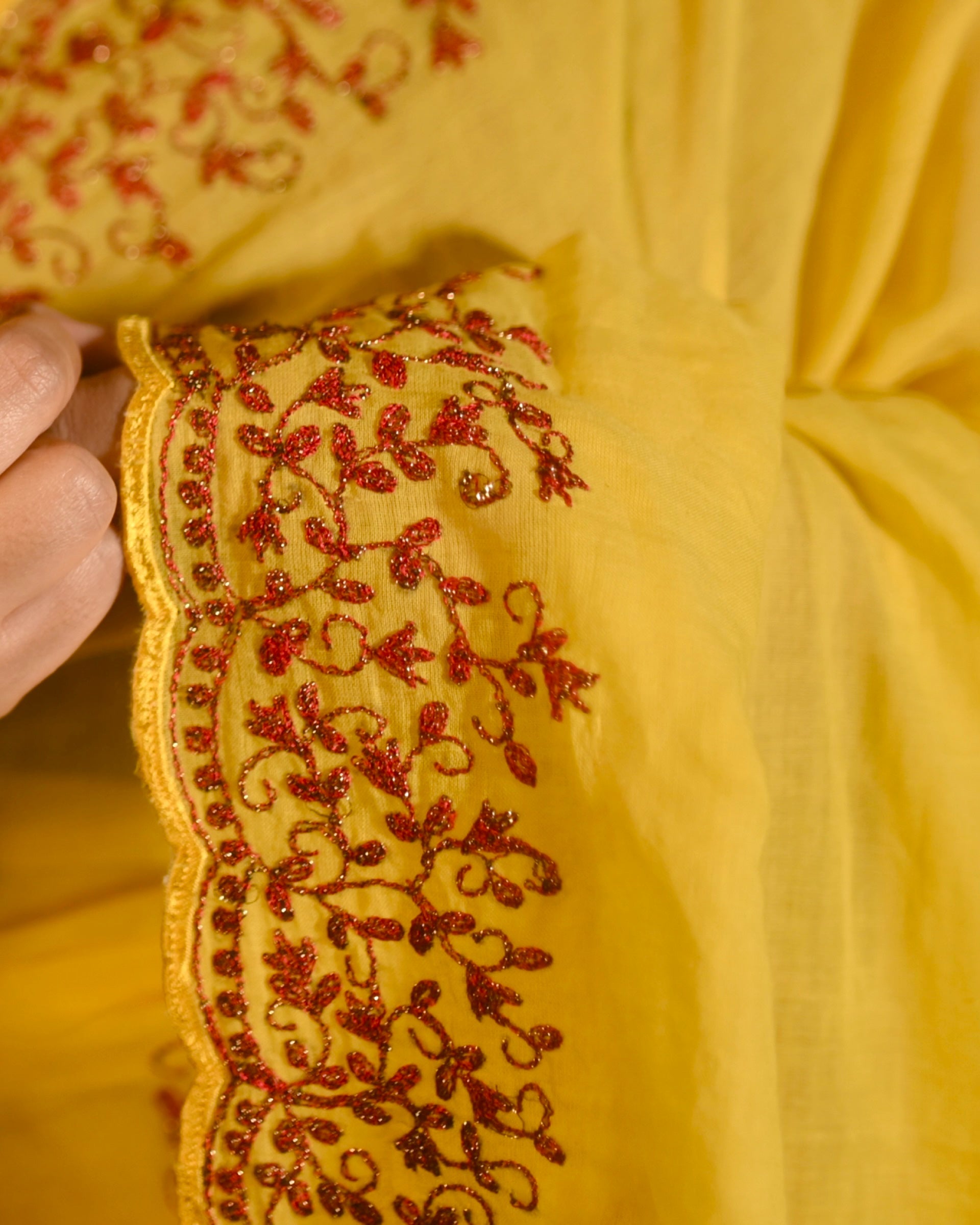 Harini Yellow Zari Embroidered Mulmul Cotton Saree by Shopaame in soft breathable fabric