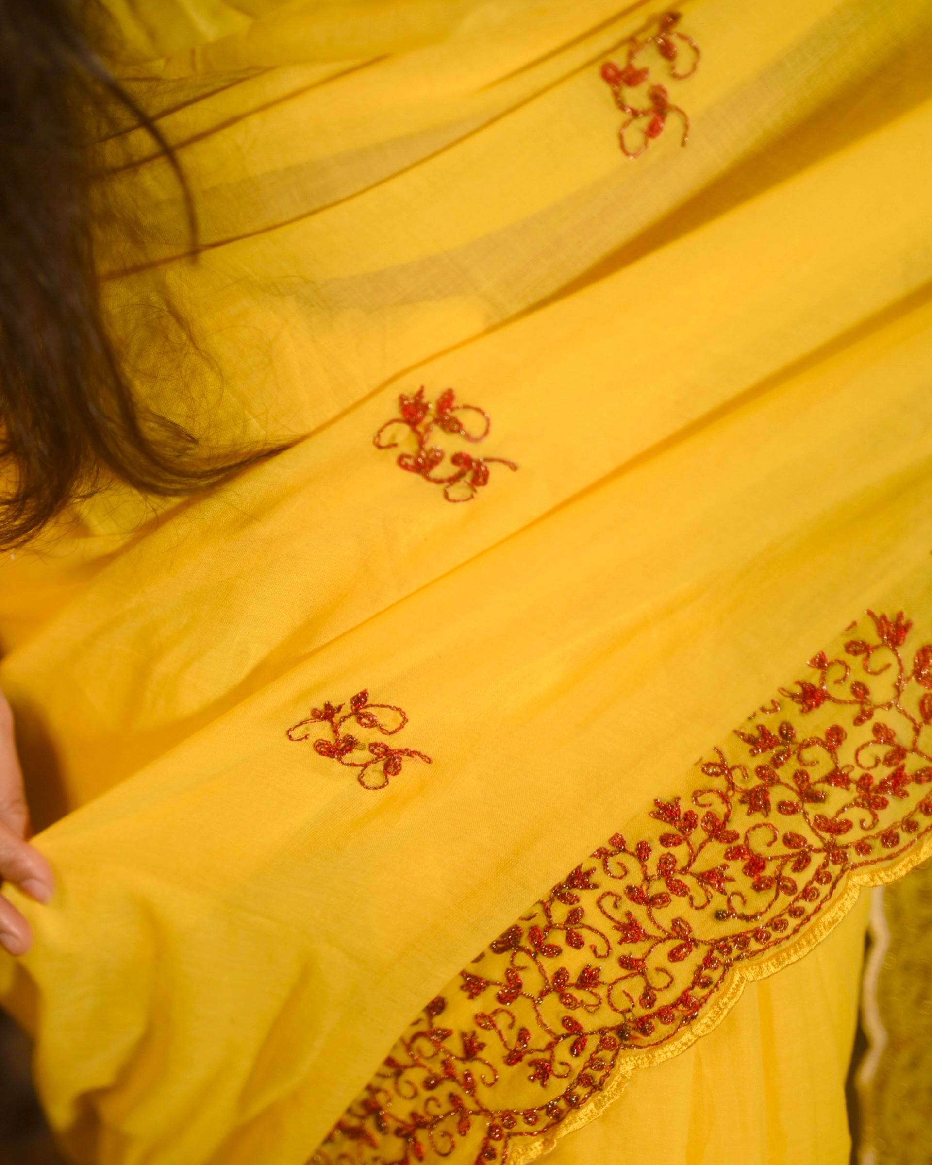 Harini Yellow Zari Embroidered Mulmul Cotton Saree by Shopaame perfect for festive occasions