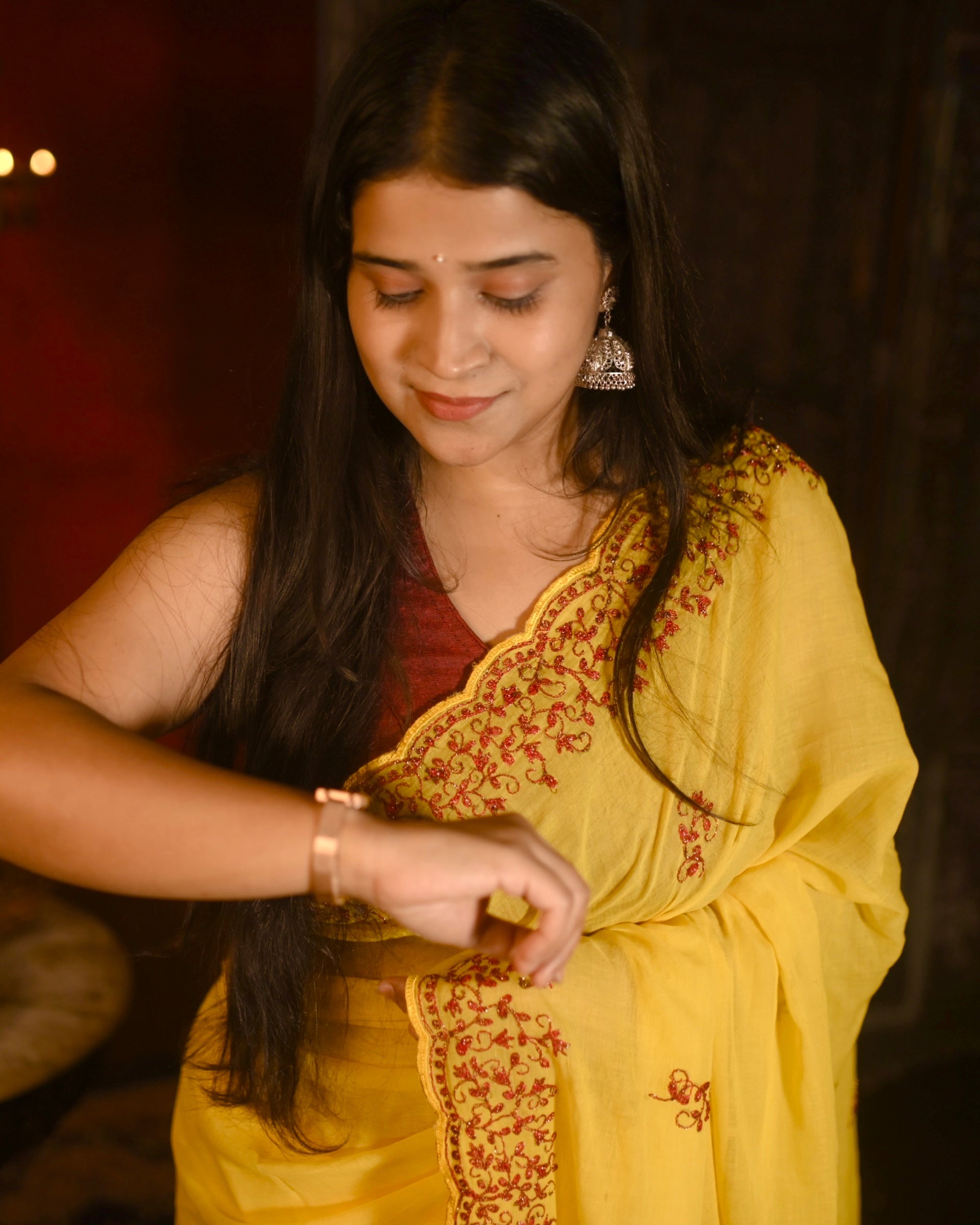 Soft and Comfortable yellow zari embroidered mulmul cotton saree by Shopaame