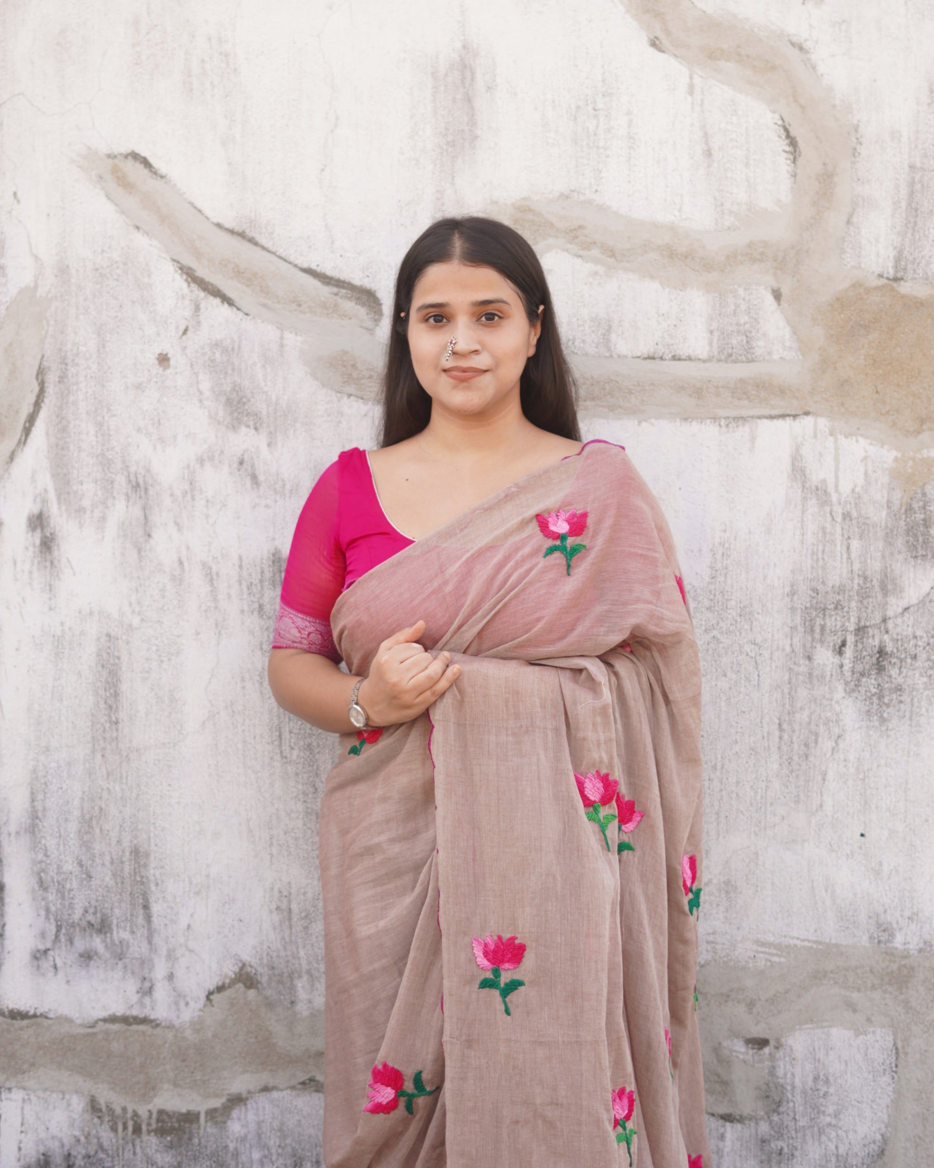 Mud Lotus embroidered mulmul cotton saree, a lightweight breathable saree for summer wear and everyday elegance.