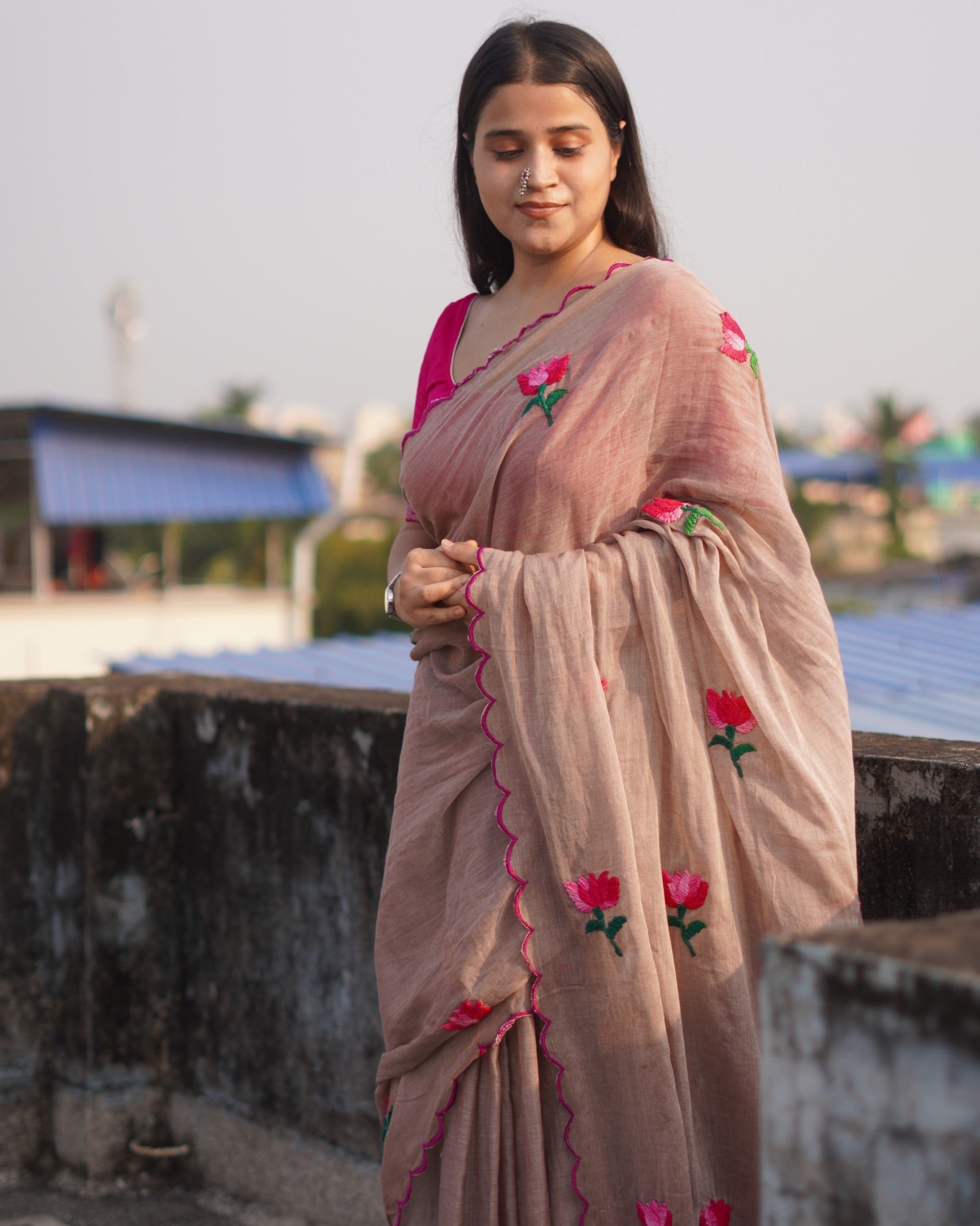 Mud Lotus saree in soft mulmul cotton, handcrafted elegance for effortless daily styling.