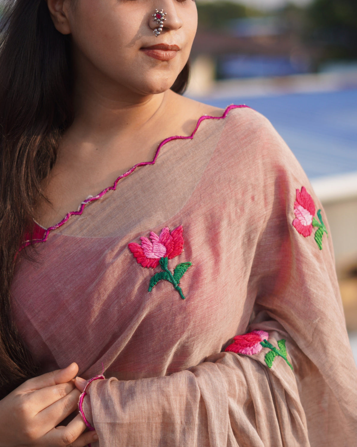 Mud Lotus embroidered mulmul cotton saree, a lightweight breathable saree for summer wear and everyday elegance.
