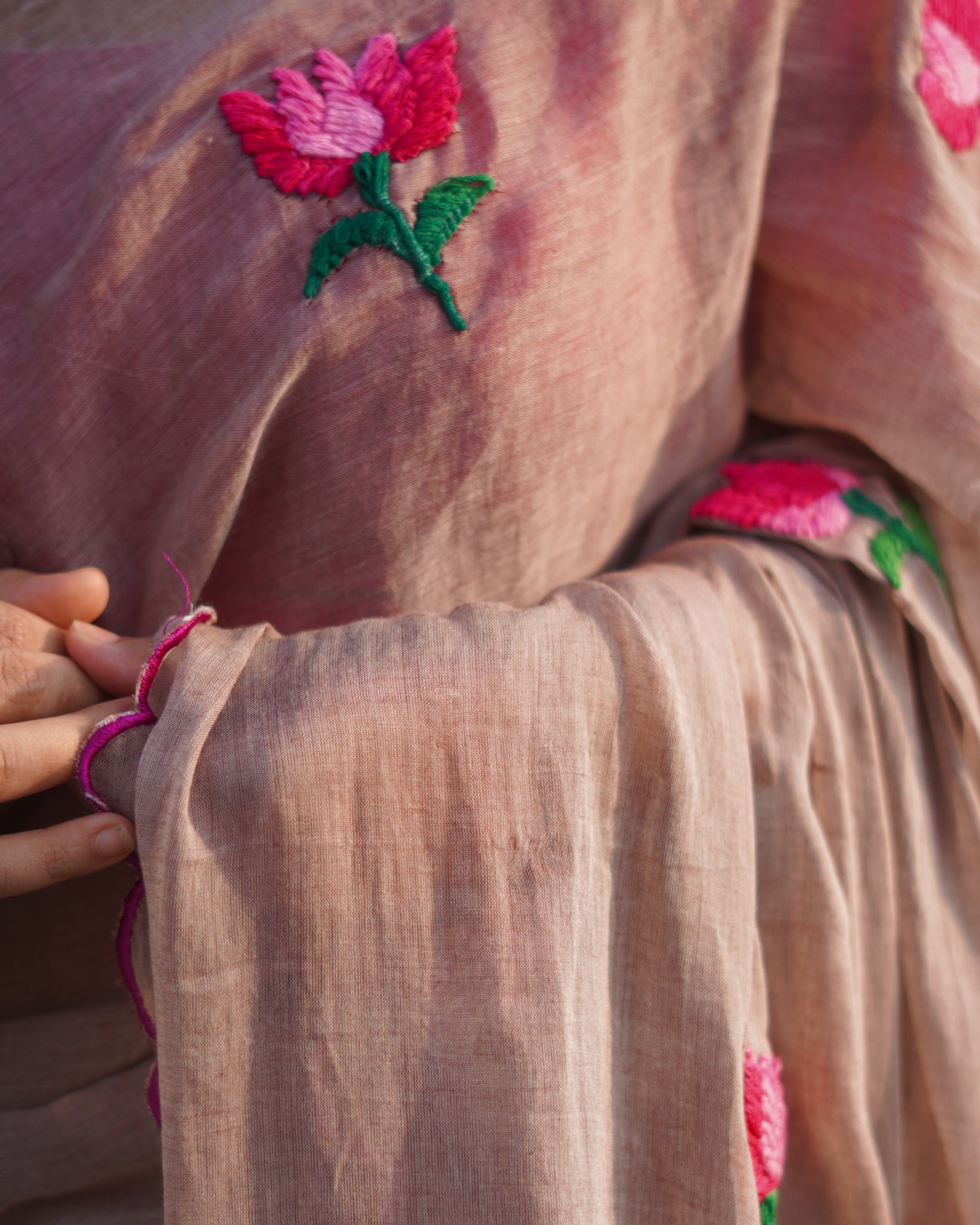 Mud Lotus cotton saree, handcrafted with refined embroidery for a breathable and graceful everyday look.