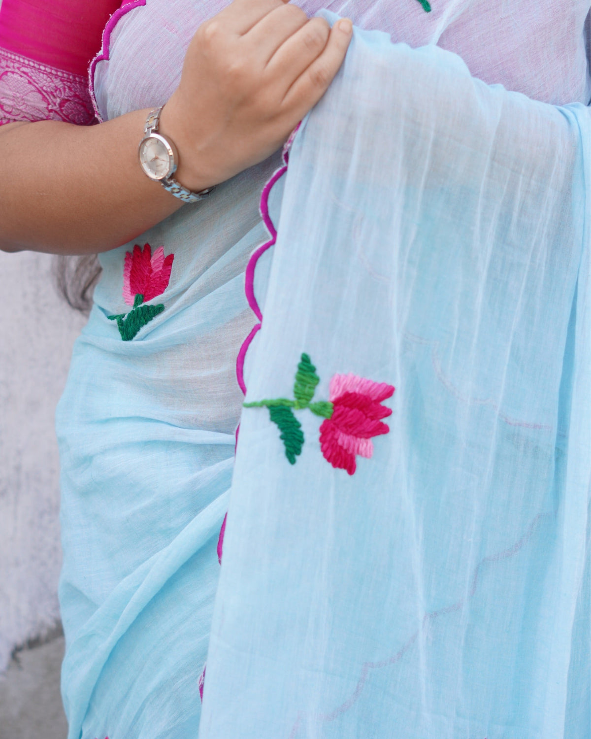 Lotus Shrine embroidered blue mulmul cotton saree, a lightweight saree for summer wear and festive looks.