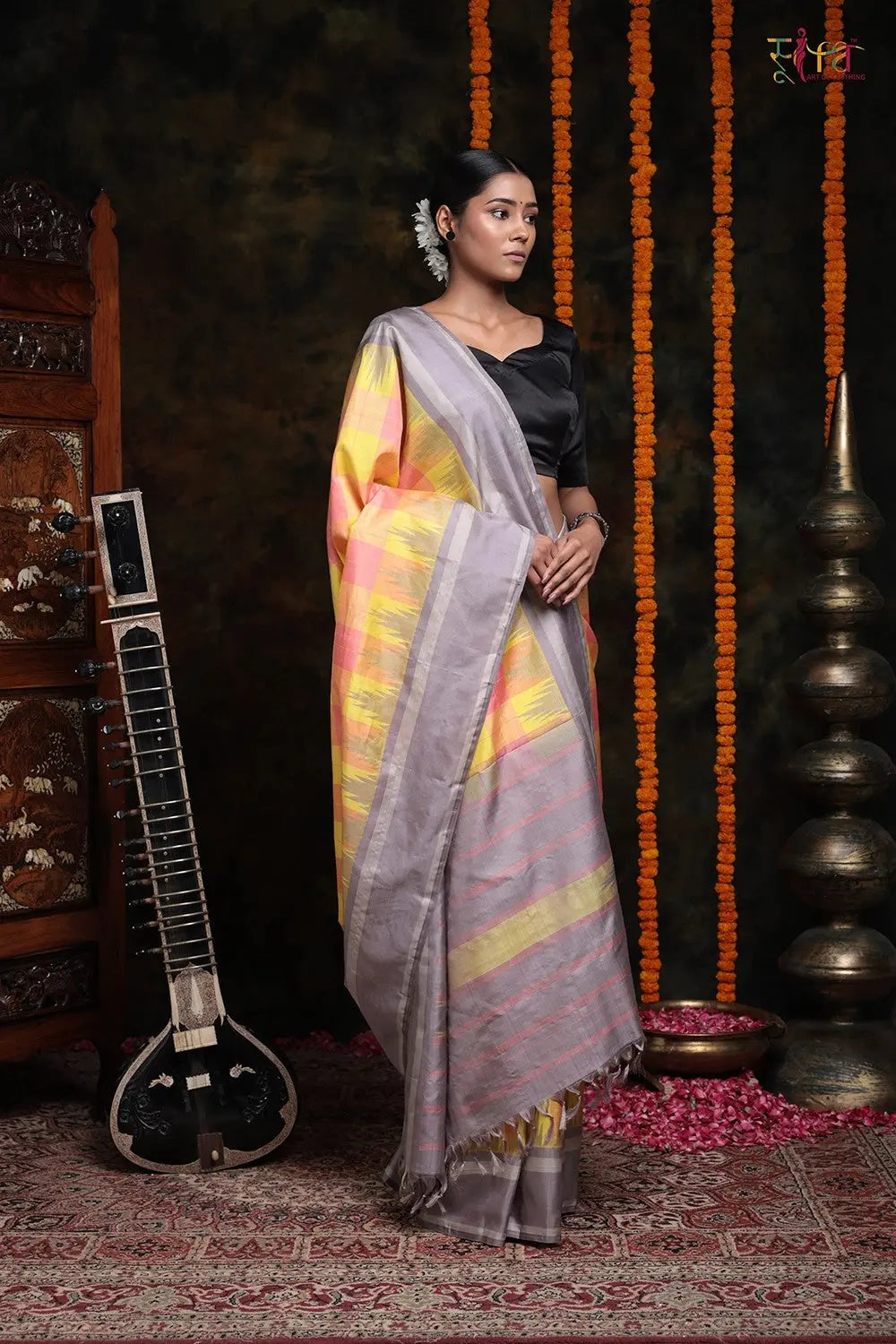 Handloom Peach & Lemon Check Pure Silk Kanchi Saree-Sutra Art of Clothing