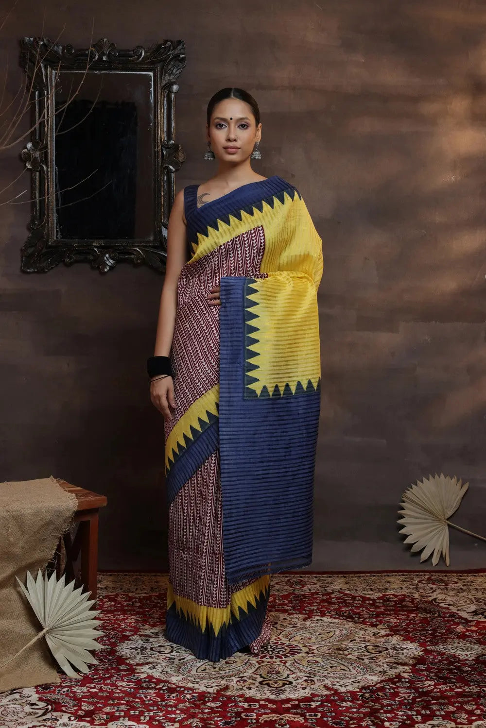 Maroon And Yellow Handloom Pure Silk Hand Painted Saree-Sutra Art of Clothing