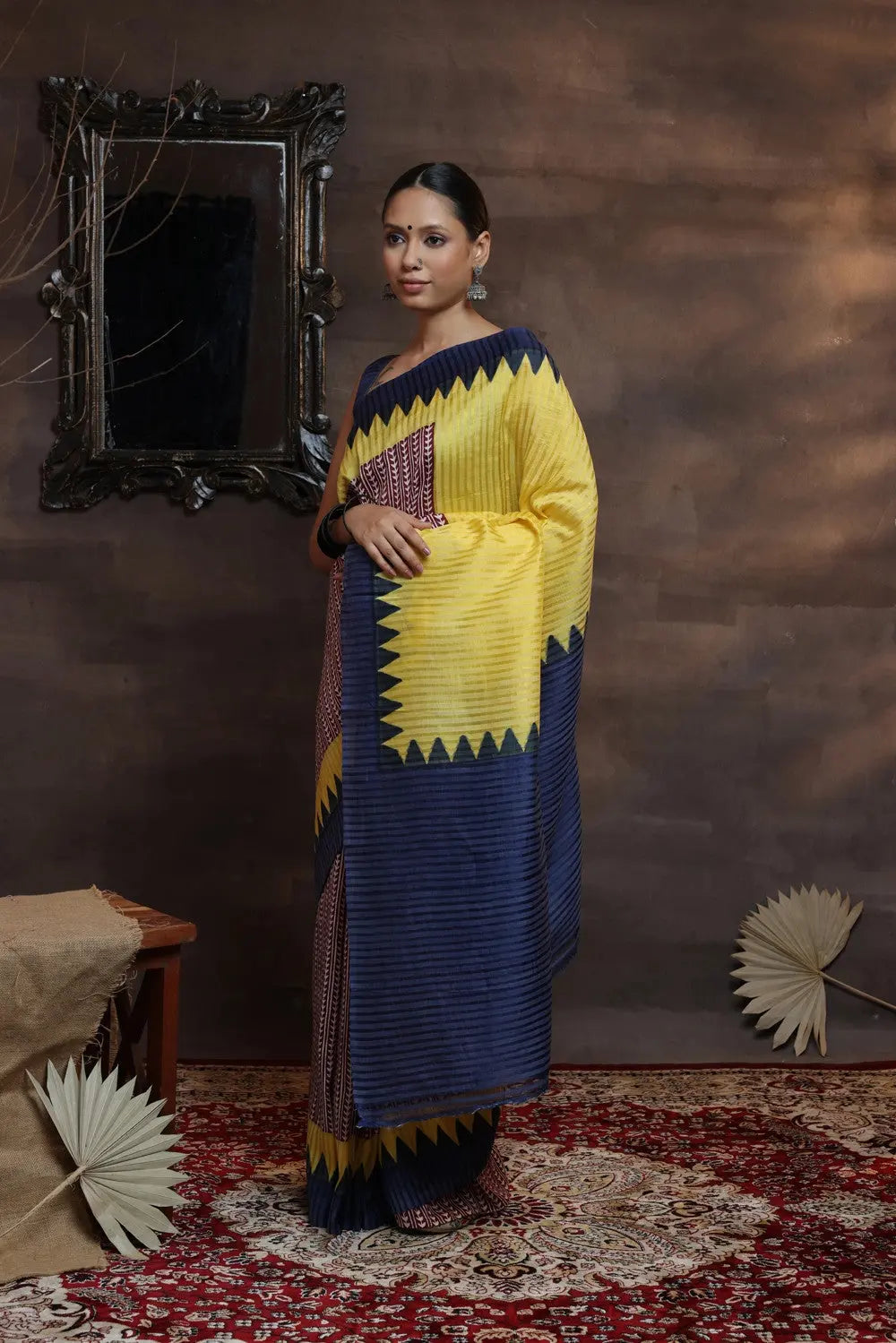 Maroon And Yellow Handloom Pure Silk Hand Painted Saree-Sutra Art of Clothing