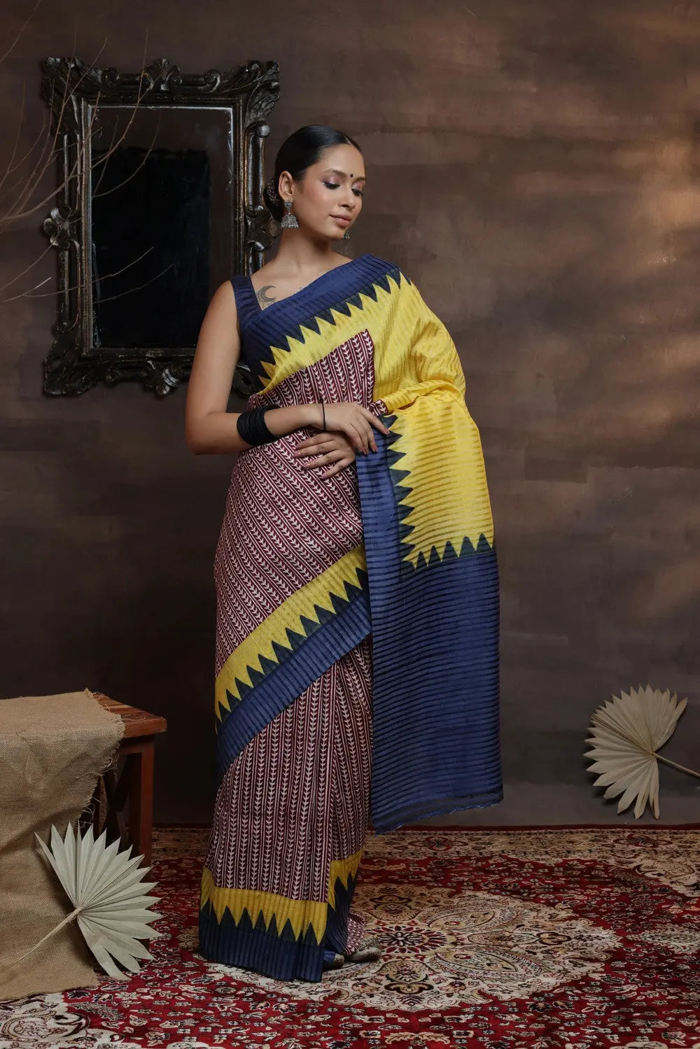 Maroon And Yellow Handloom Pure Silk Hand Painted Saree-Sutra Art of Clothing