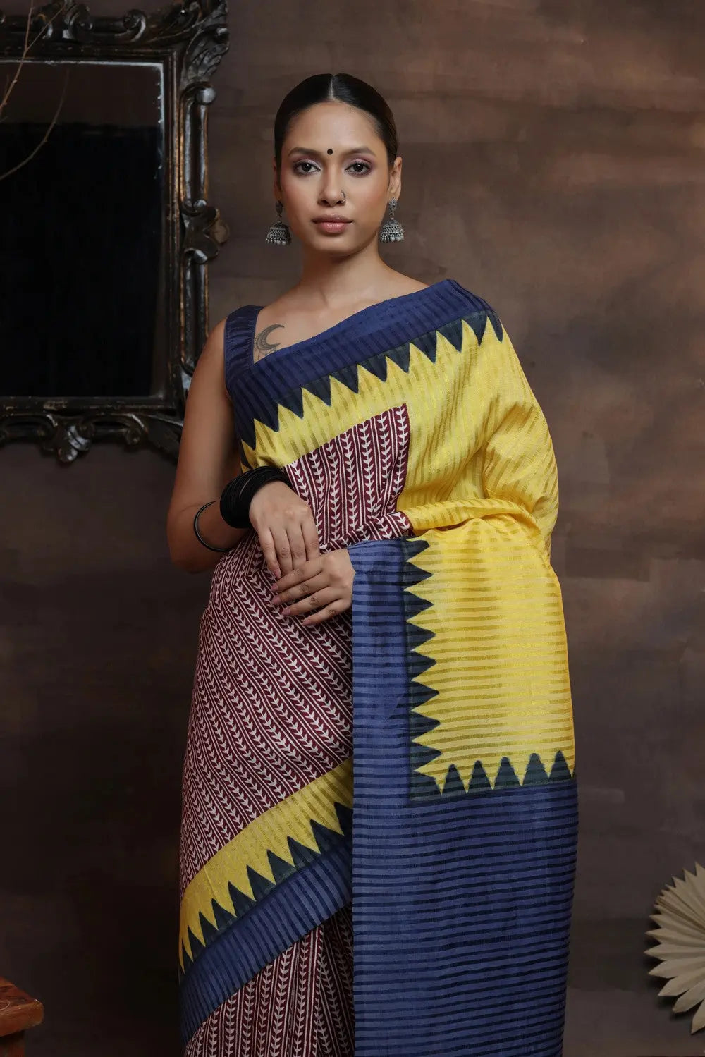 Maroon And Yellow Handloom Pure Silk Hand Painted Saree-Sutra Art of Clothing