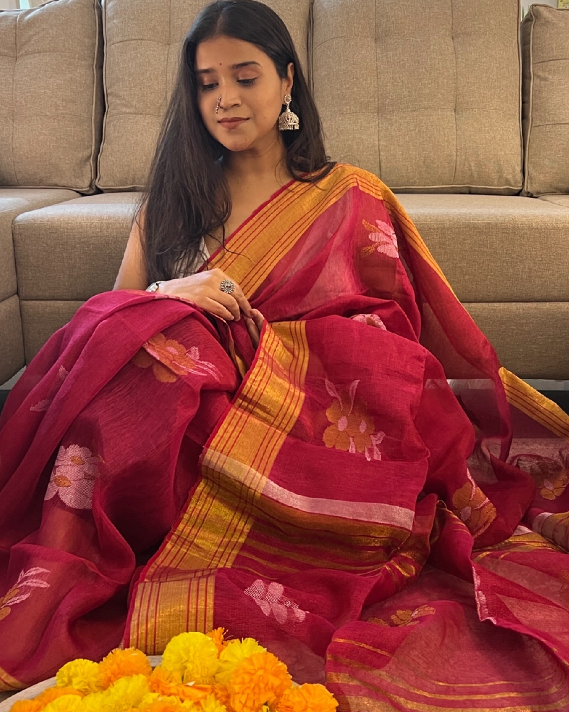 Designer red golden tissue saree for parties and festive celebrations by Shop AaMe