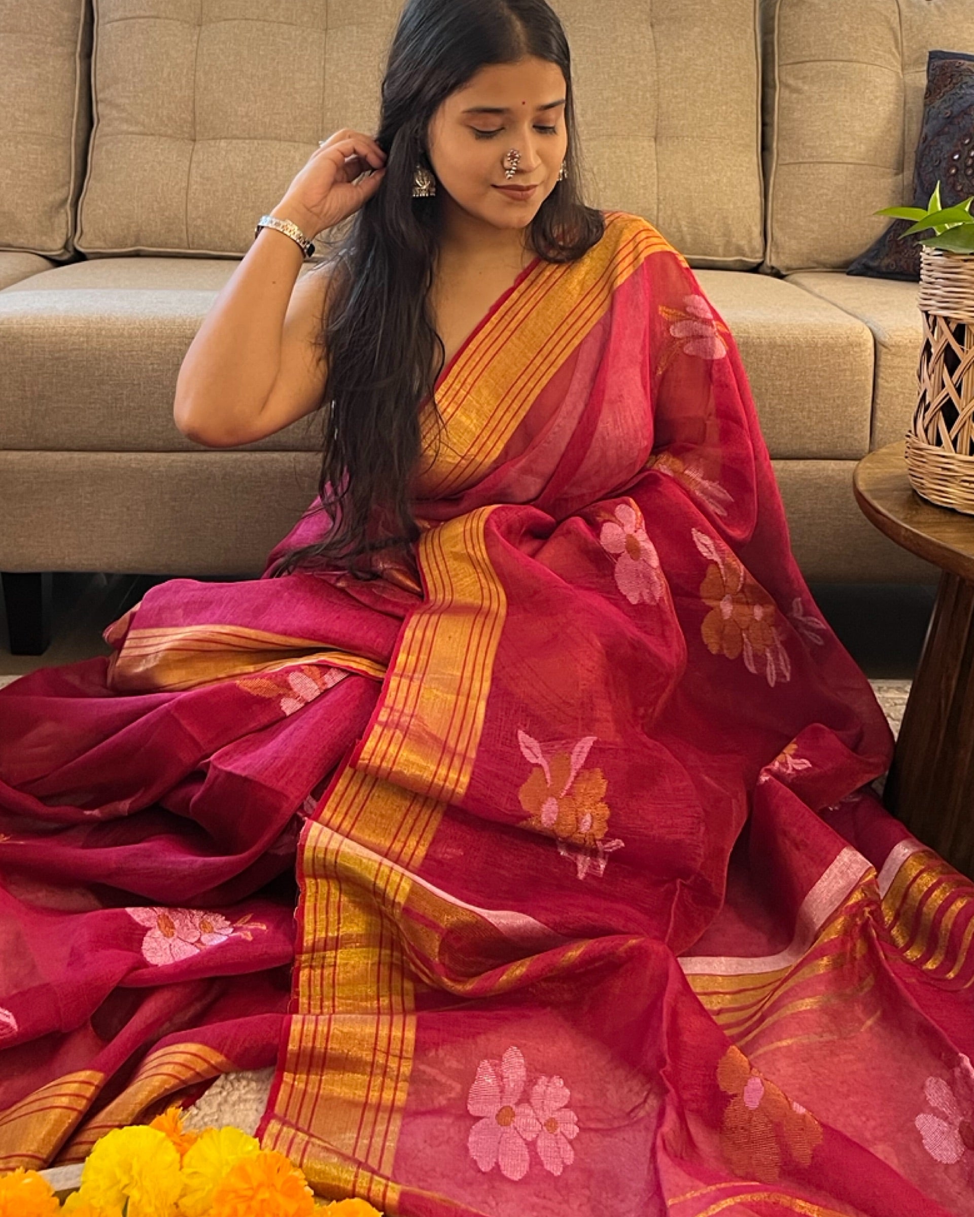 Manmohini Red Golden Designer Tissue Saree by Shop AaMe