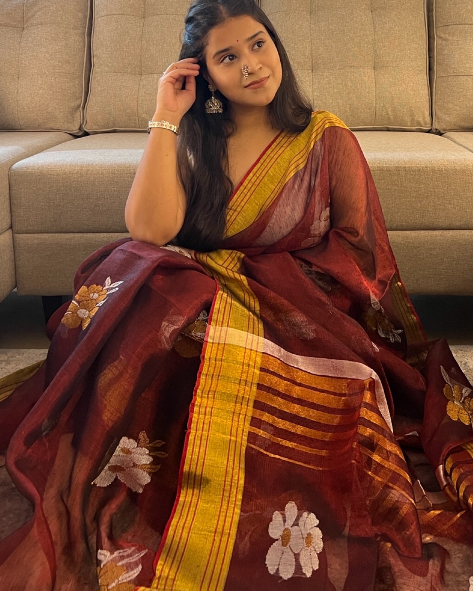 Gul Maroon Golden Designer Tissue Saree by Shop AaMe