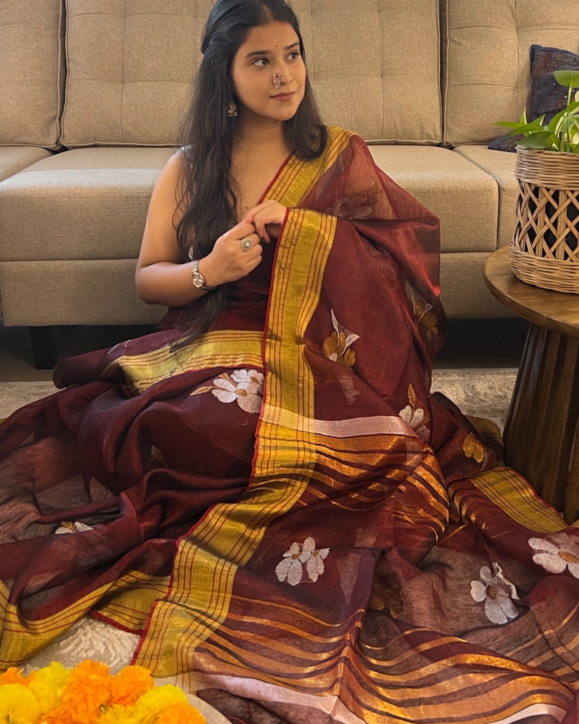 Designer maroon golden tissue saree for parties and festive celebrations by Shop AaMe