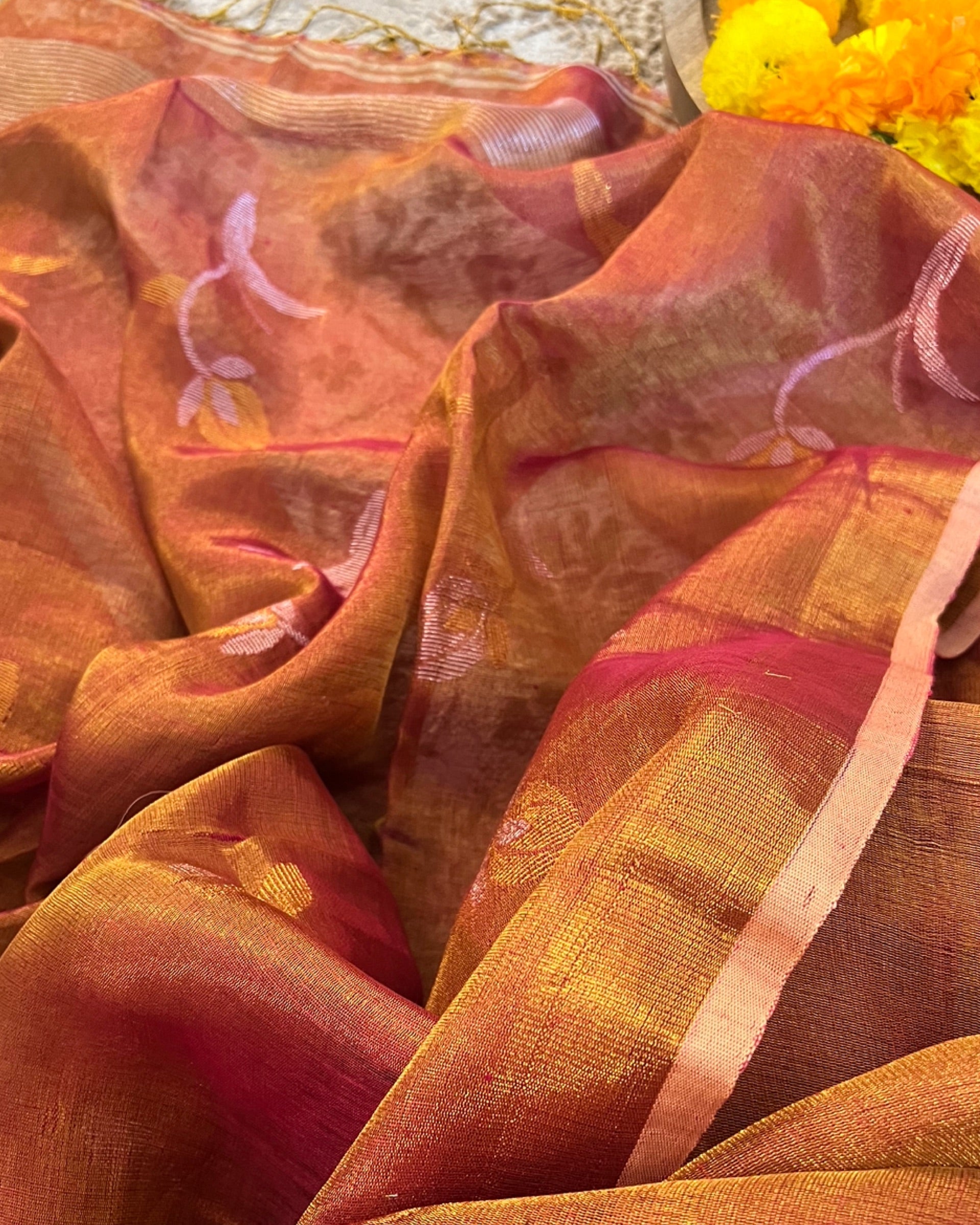 Shop AaMe Mrignayani saree in peach and golden tissue fabric