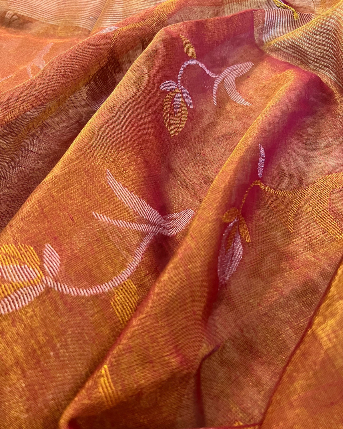 Peach golden designer tissue saree with lightweight festive drape by Shop AaMe