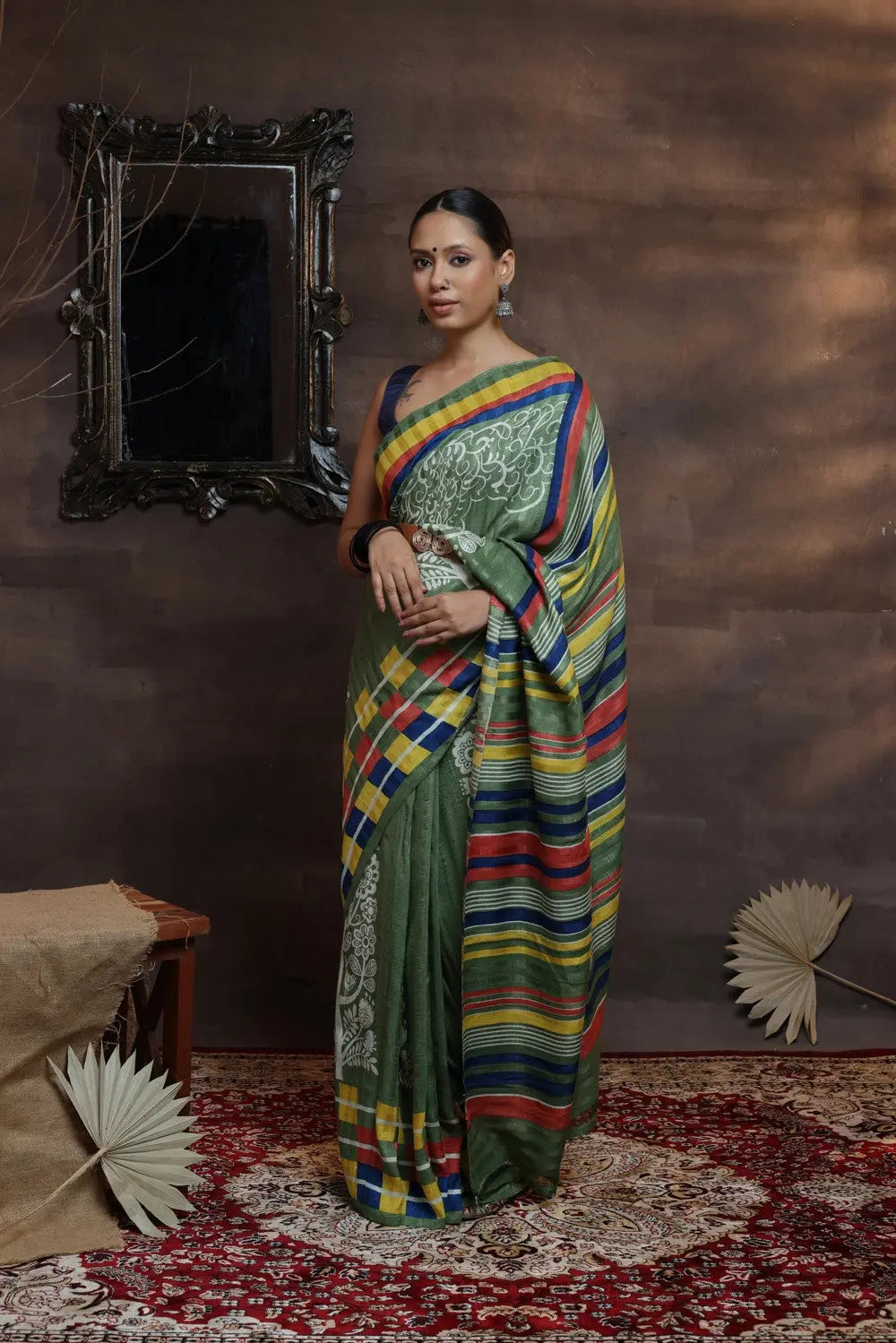 Leaf Green Handloom Pure Silk Hand Painted Saree-Sutra Art of Clothing