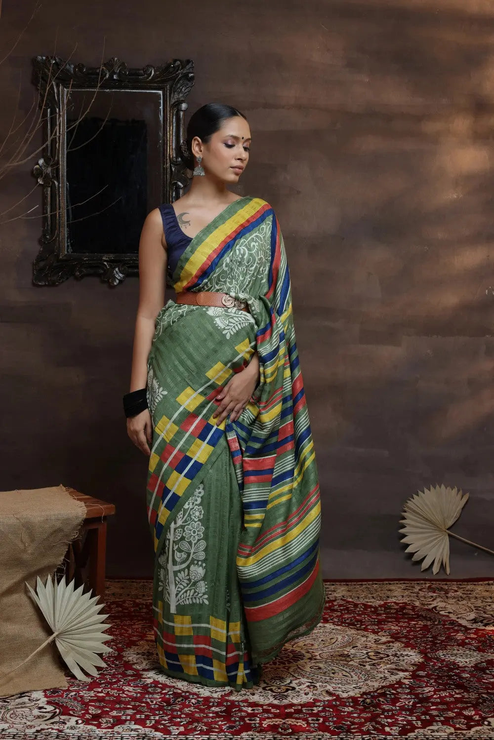 Leaf Green Handloom Pure Silk Hand Painted Saree-Sutra Art of Clothing